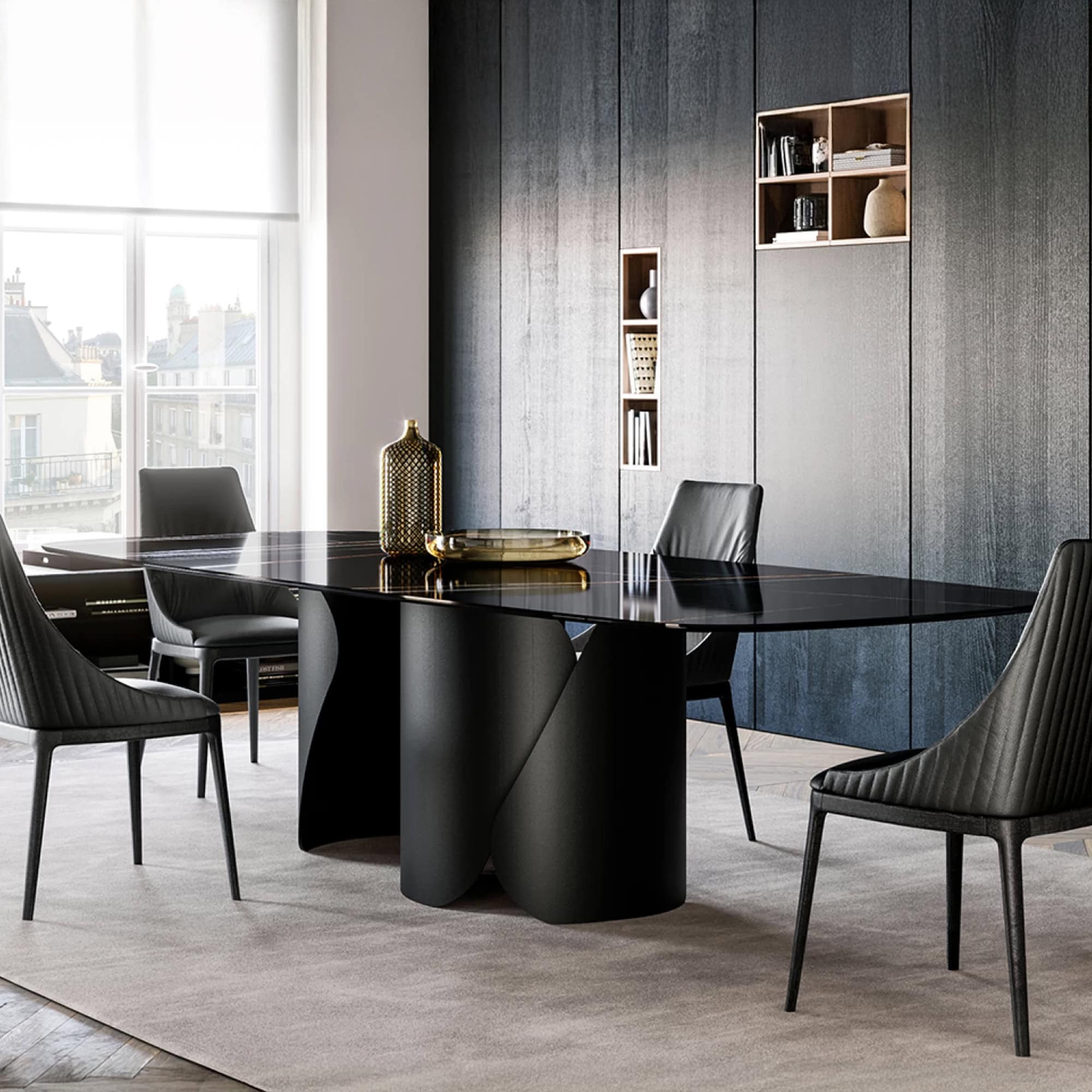 Black modern dining table with sleek design in a contemporary dining room.