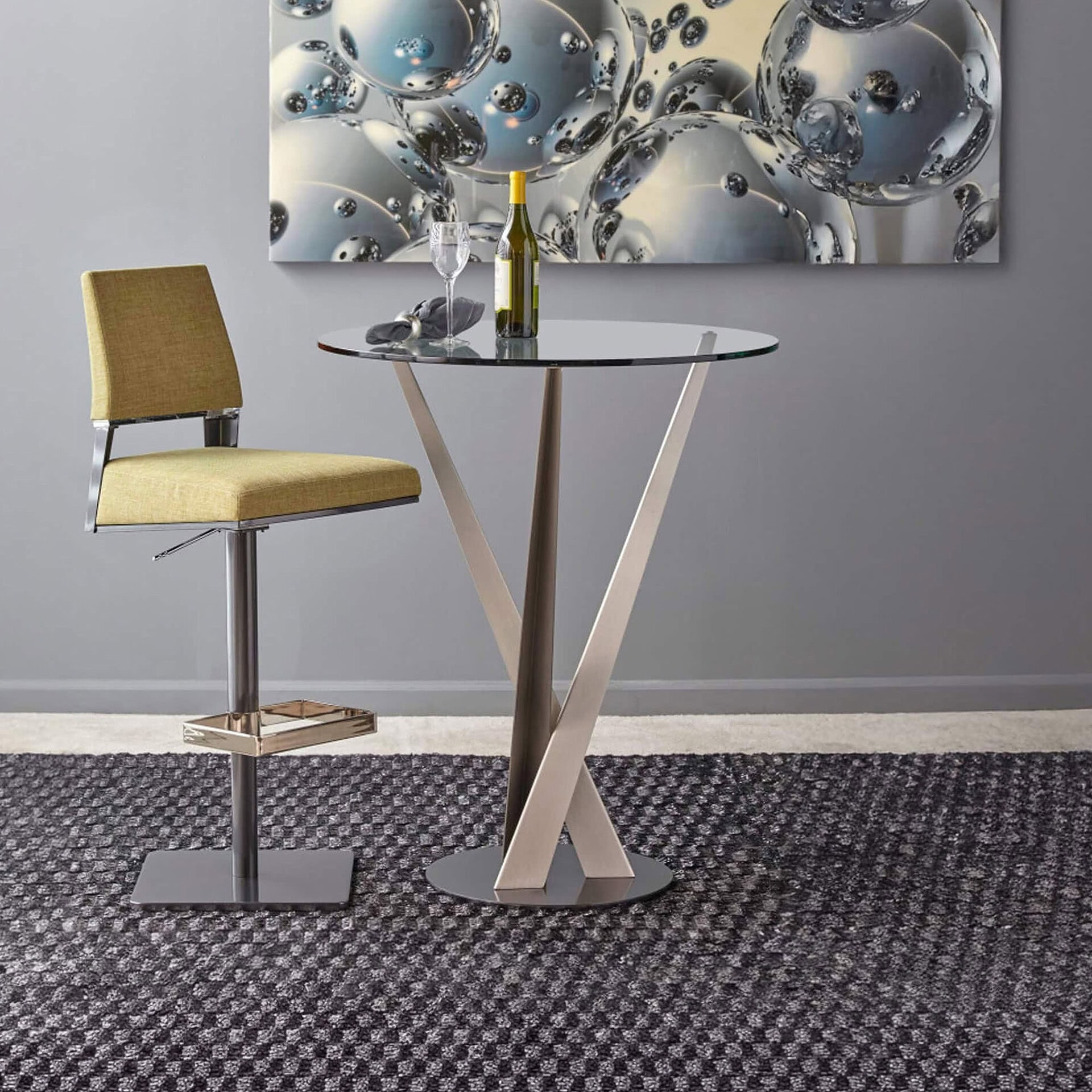 Elegant glass top pub table with unique sculptural base for modern interiors.