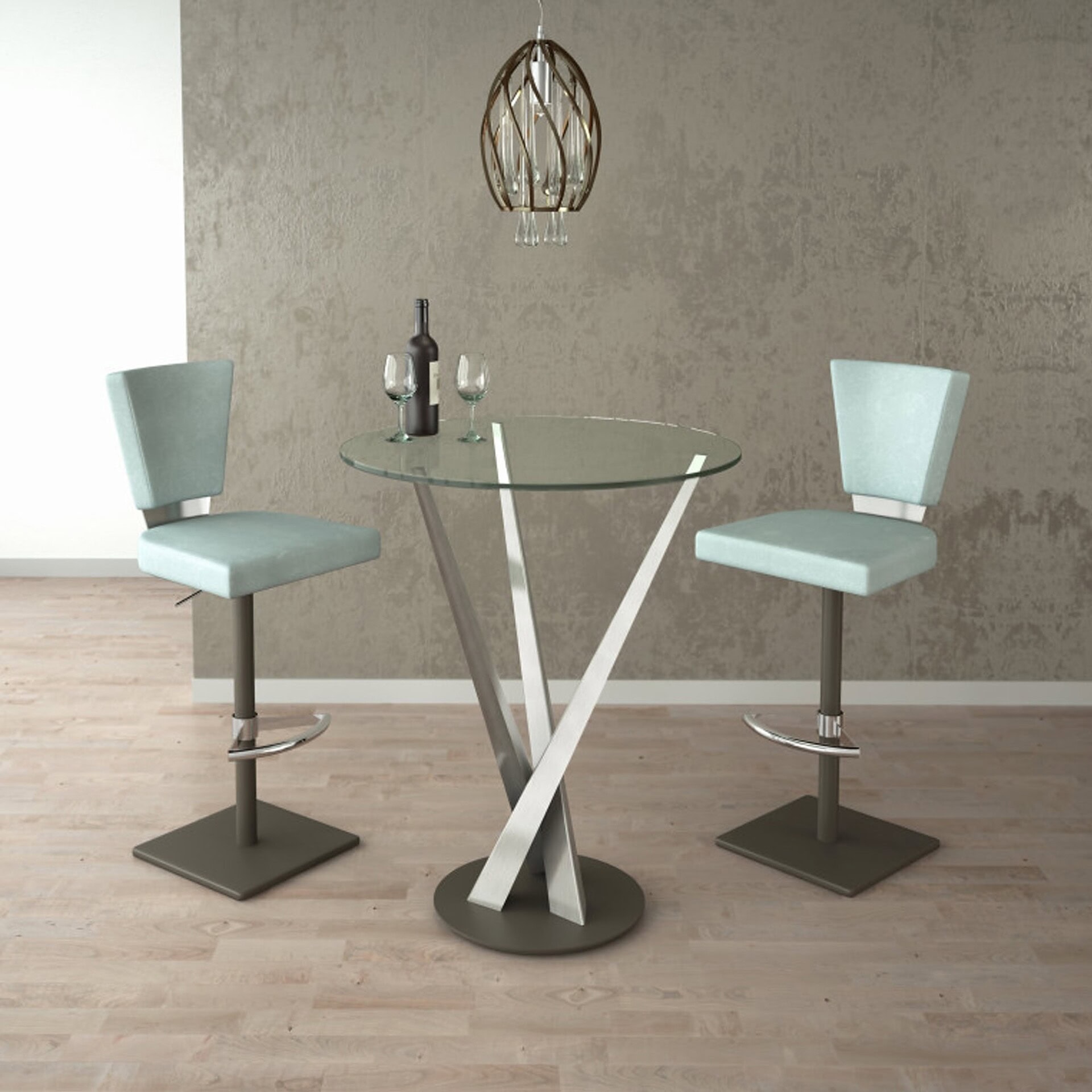 Crystal Pub Table shown in dining room setting with two modern chairs and round glass top.