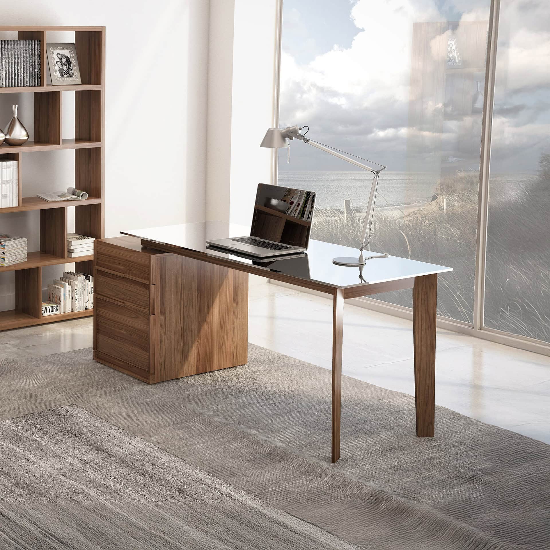 Swan Desk in natural walnut with drawer cabinet, styled in a modern office interior.
