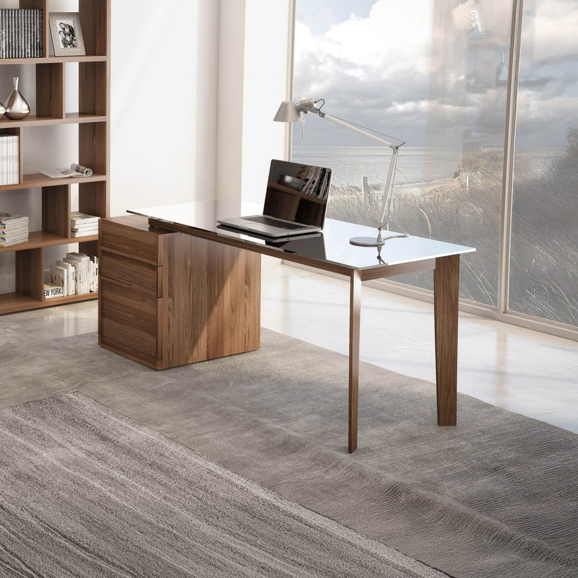 Swan Desk in natural walnut with drawer cabinet, styled in a modern office interior.
