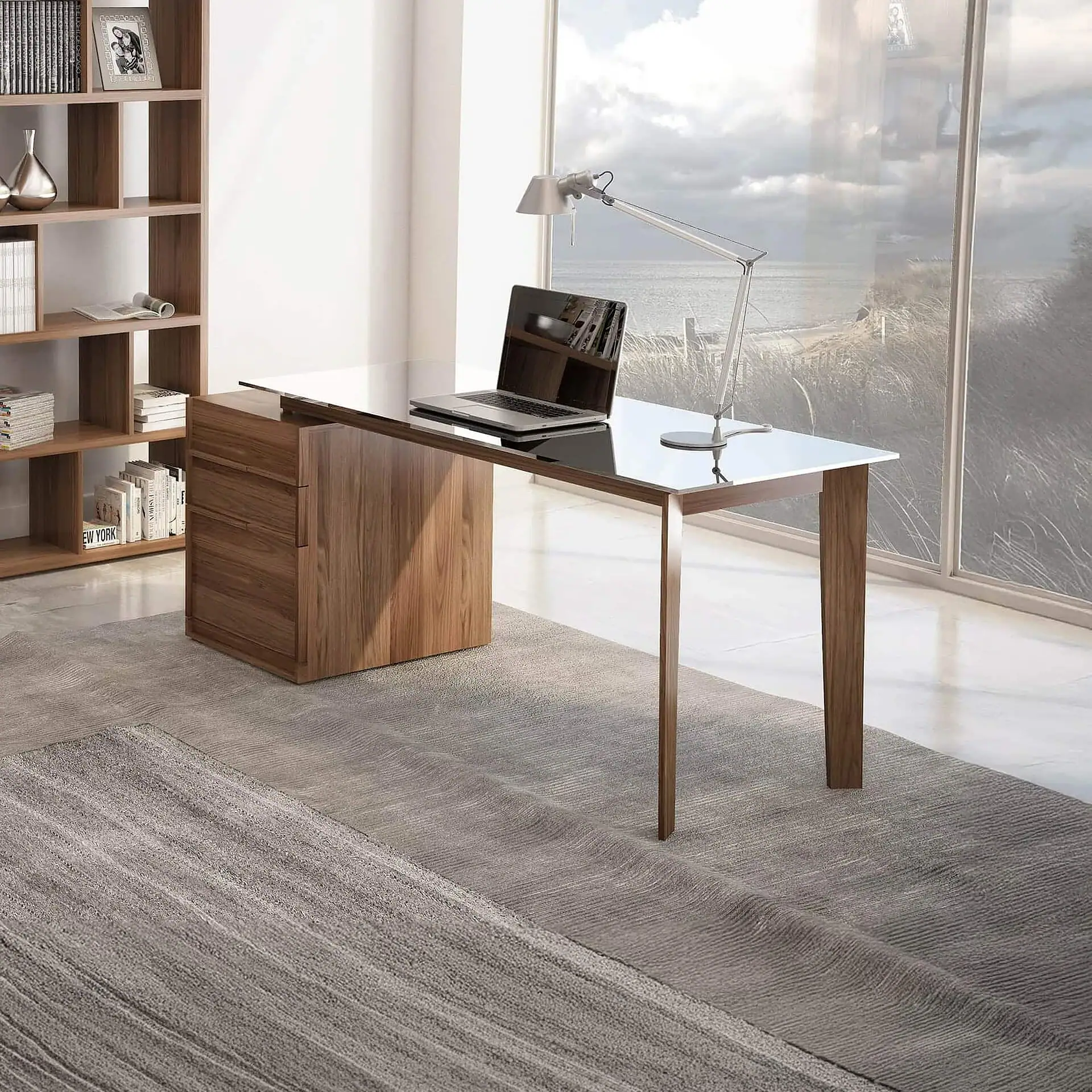 Contemporary wooden desk with glass top, ideal for home or office workspace.
