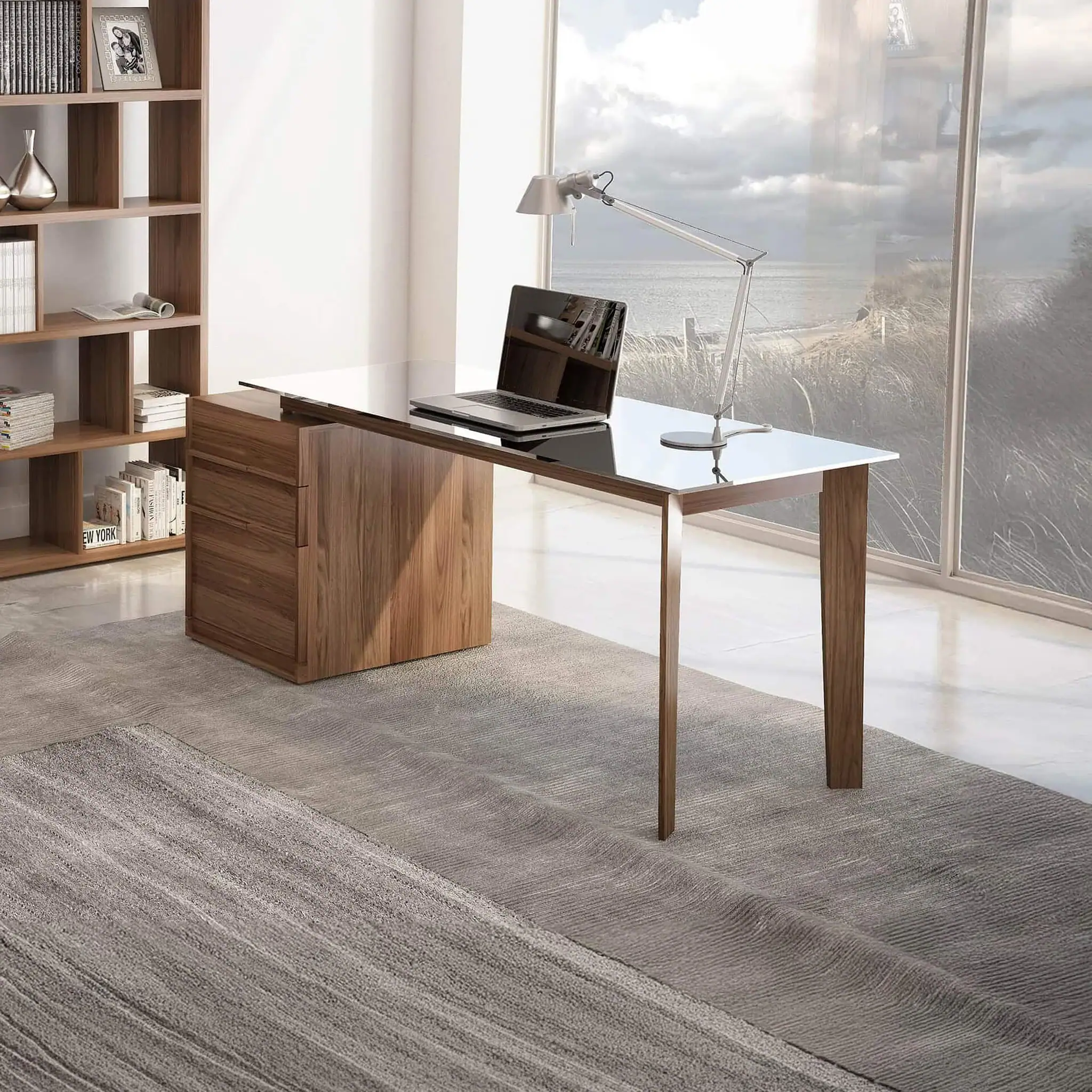 Contemporary wooden desk with glass top, ideal for home or office workspace.