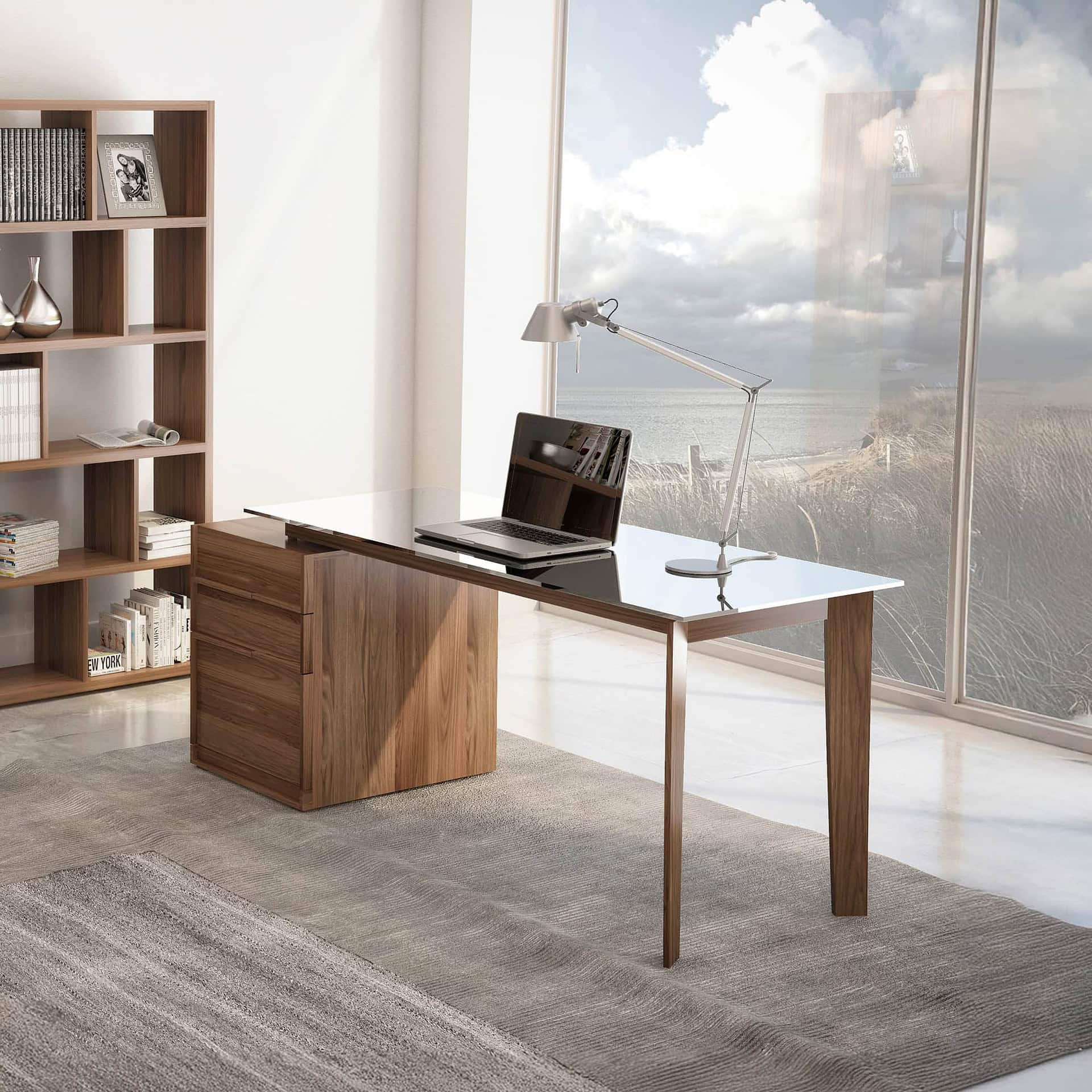 Swan Desk in natural walnut with drawer cabinet, styled in a modern office interior.