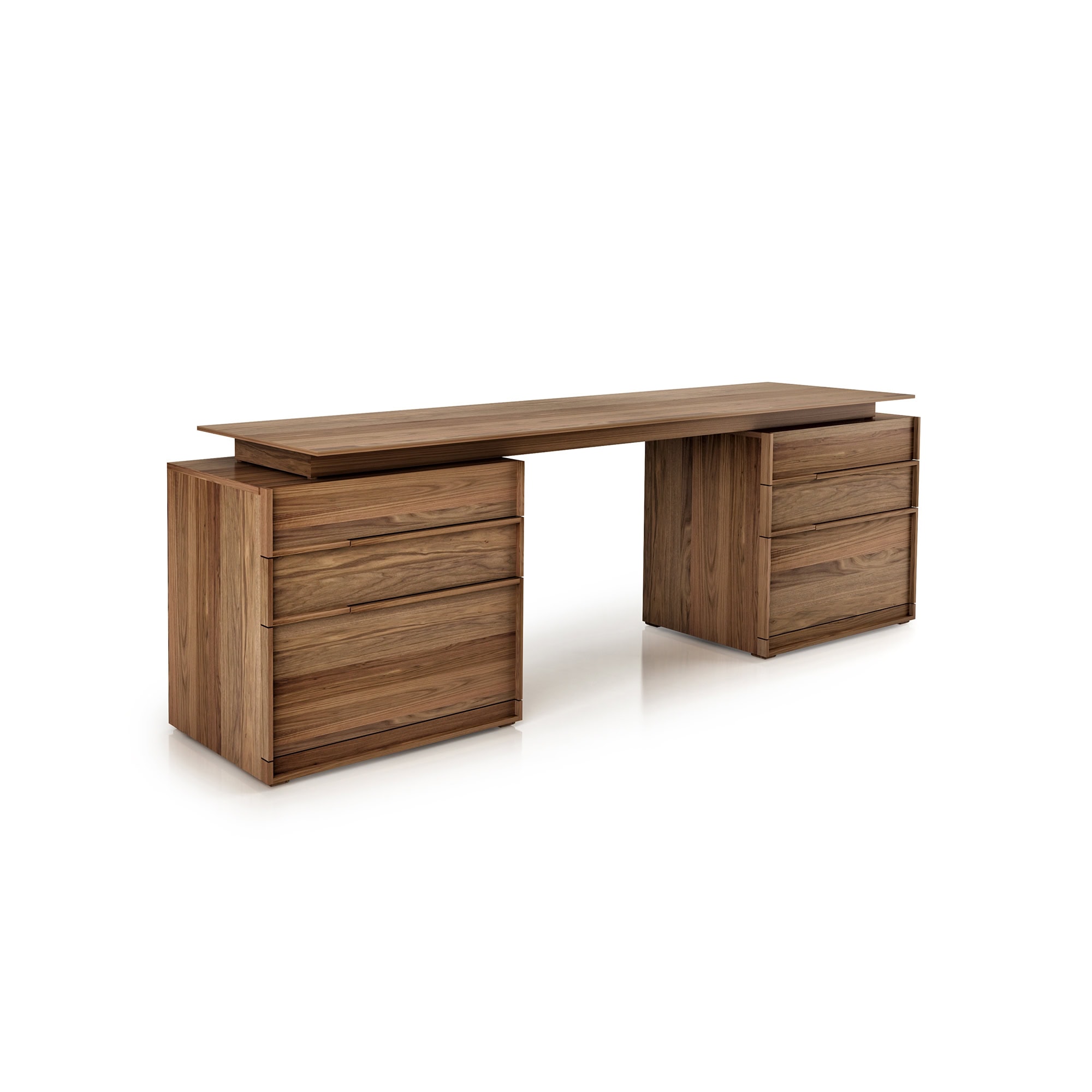 Angled view of Swan Desk with dual drawer cabinets in walnut finish.