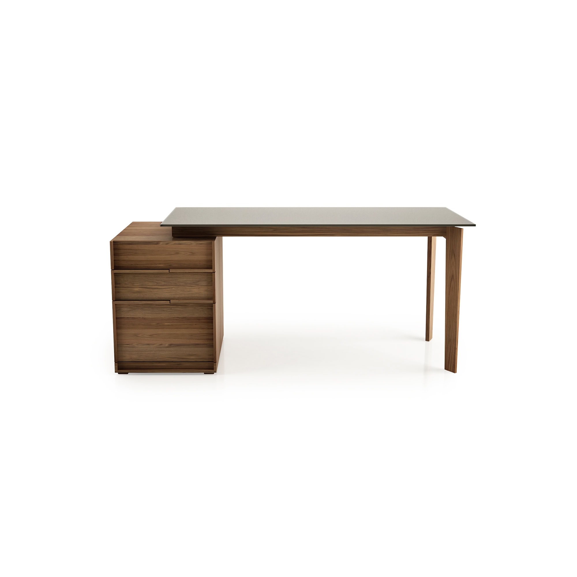 Front view of Swan Desk with single drawer cabinet in natural walnut finish.
