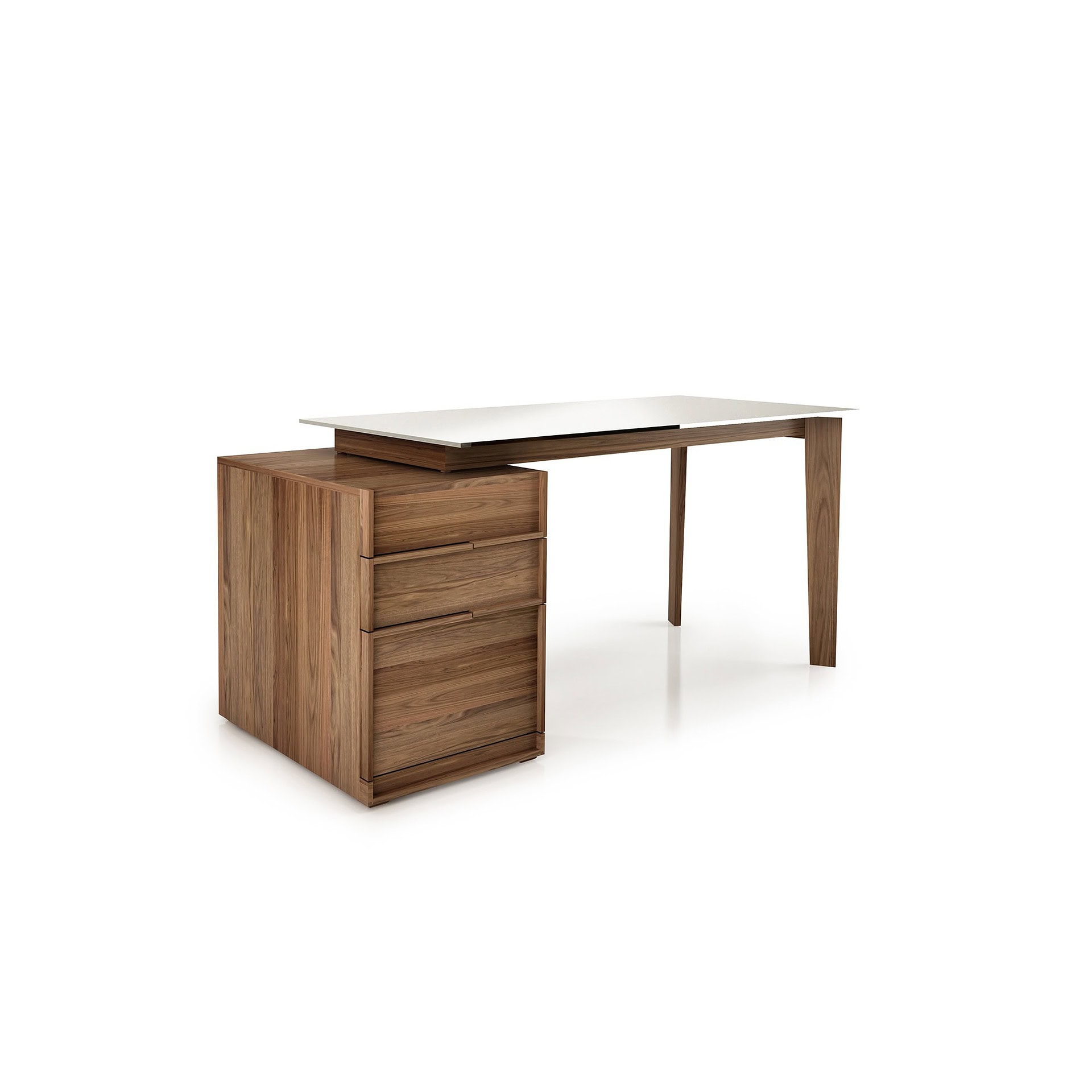 Angled view of Swan Desk showing one drawer cabinet on the left side.