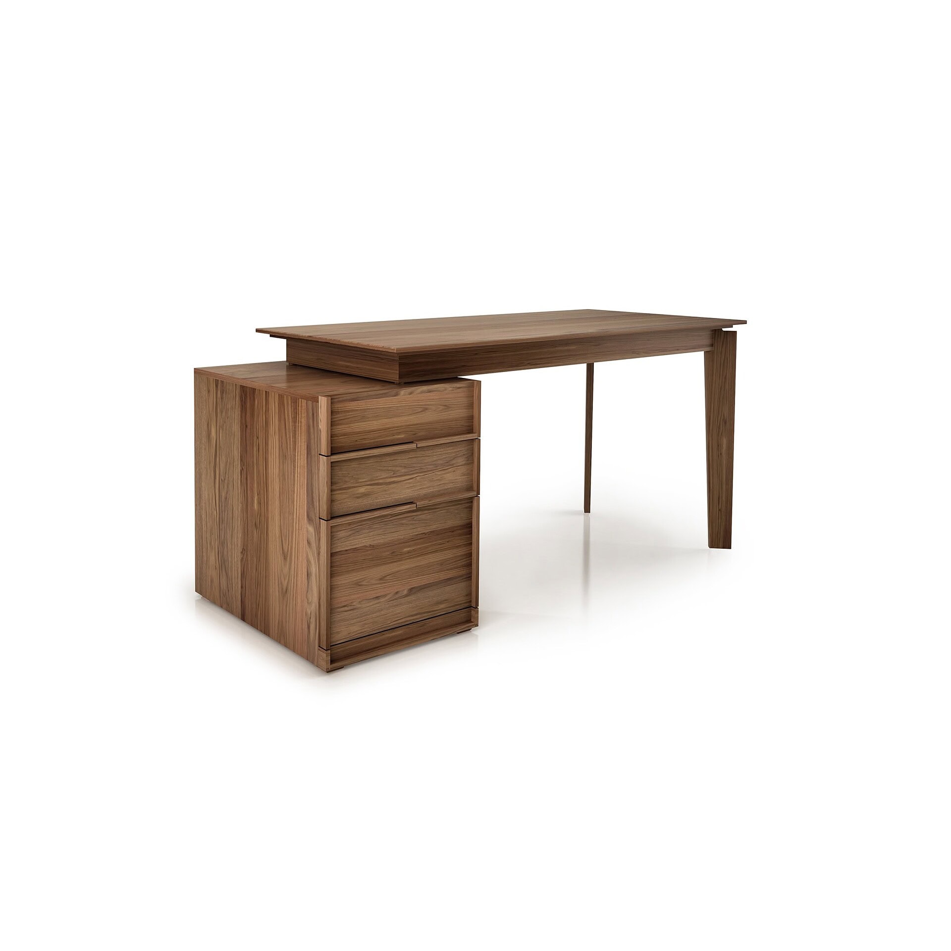 Compact Swan Desk with drawer cabinet in walnut finish.