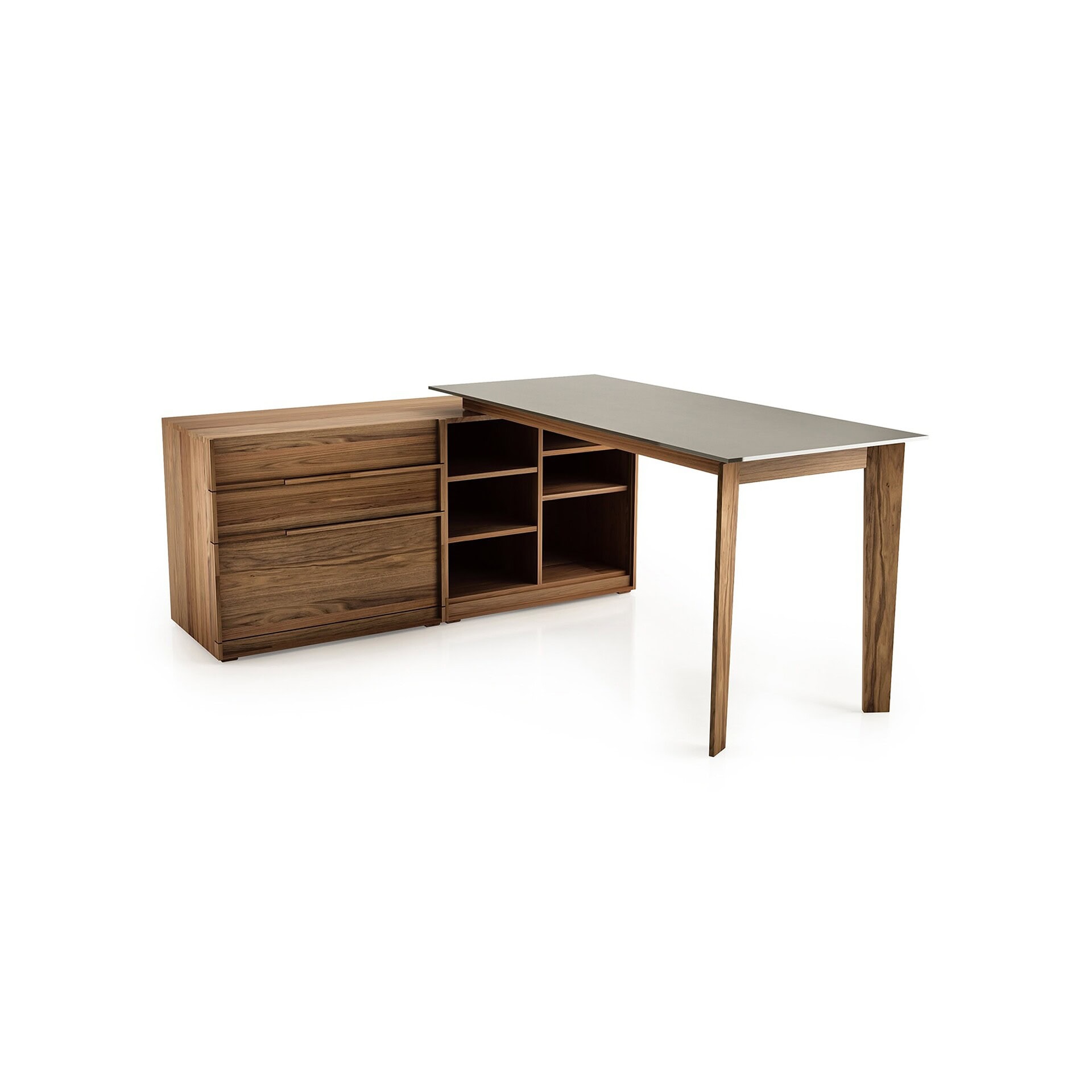 Swan Desk with open drawer cabinet, showing storage compartments.