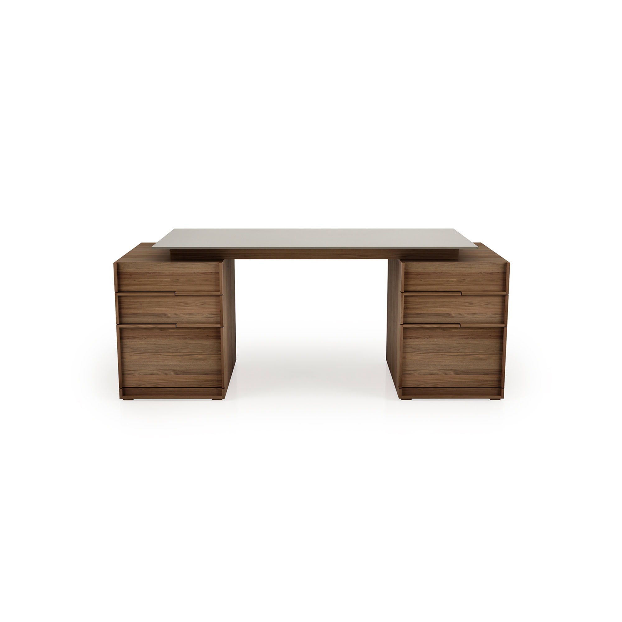 Swan Desk with dual drawer cabinets in natural walnut finish.