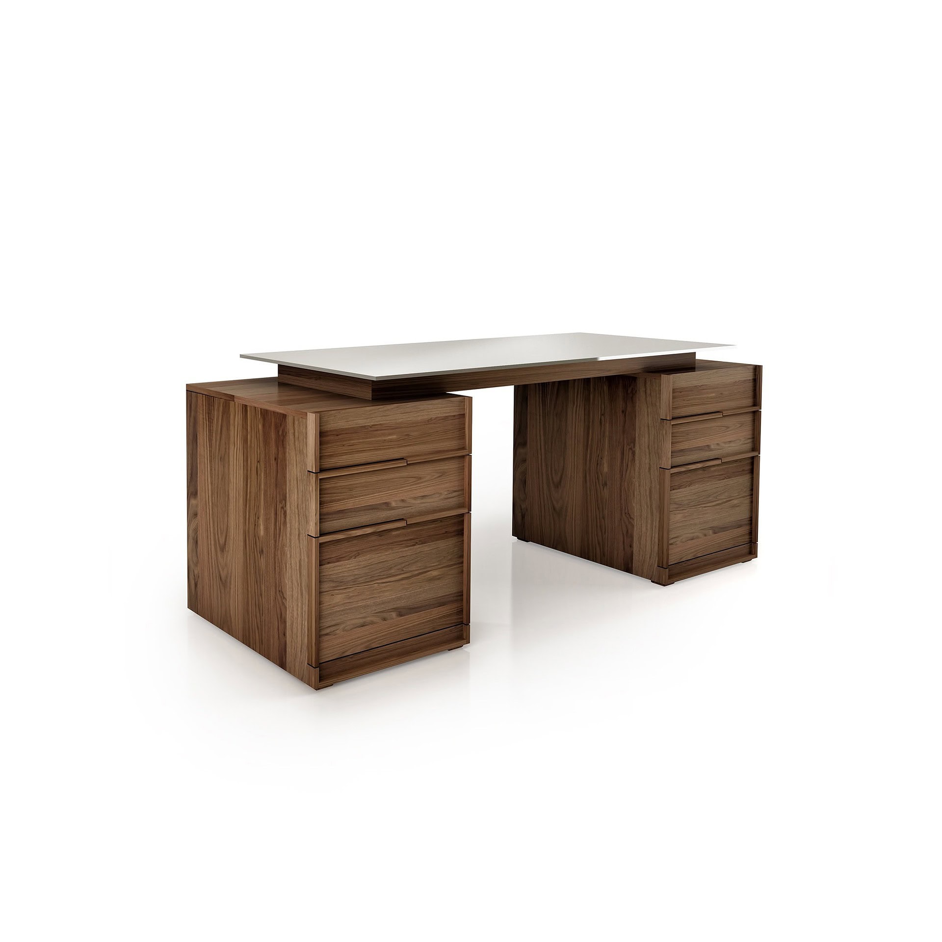 Swan Desk with glass top and dual drawer cabinets in walnut finish.
