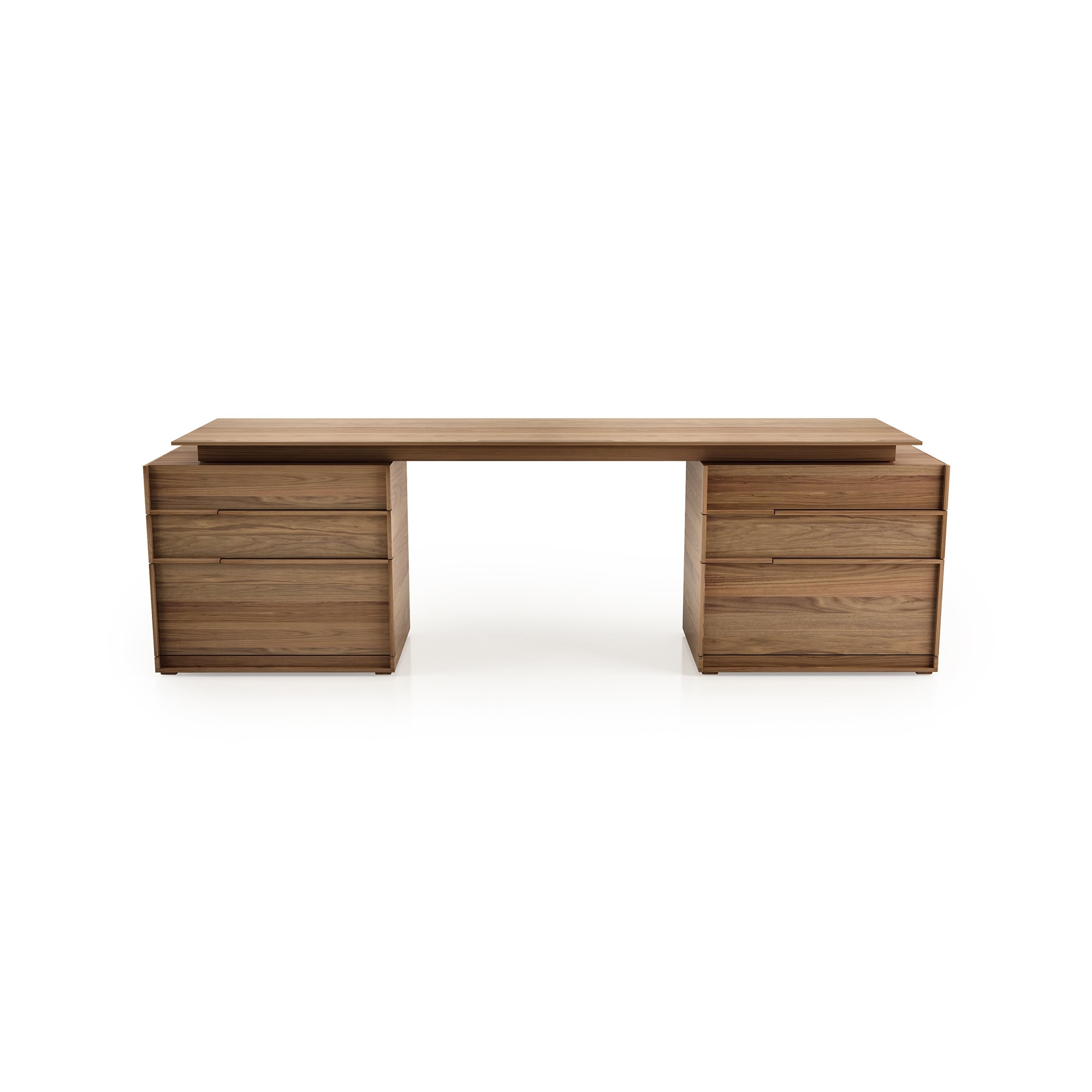 Front view of Swan Desk with two drawer cabinets, natural walnut.