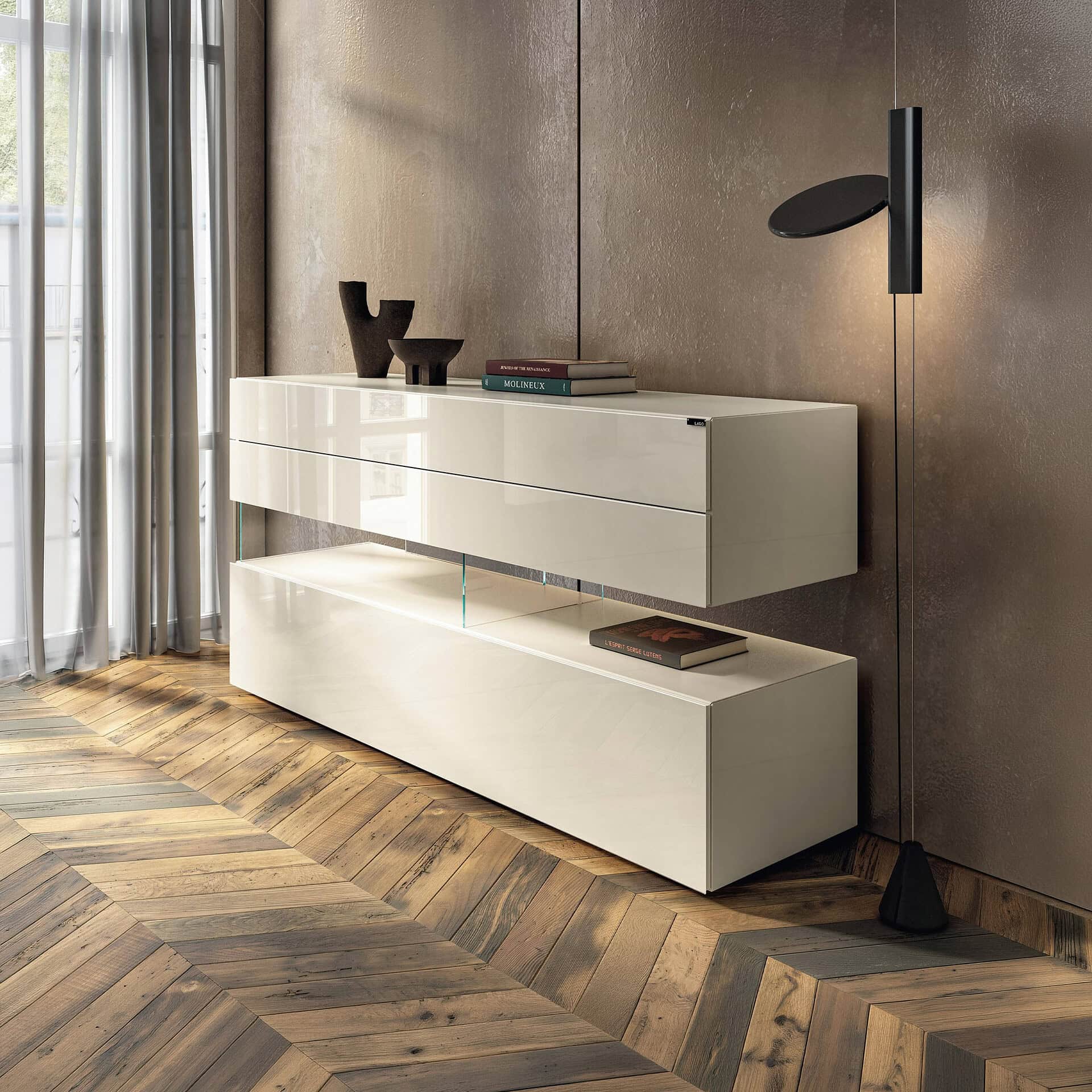 Floating modular dresser for modern bedroom storage solutions.