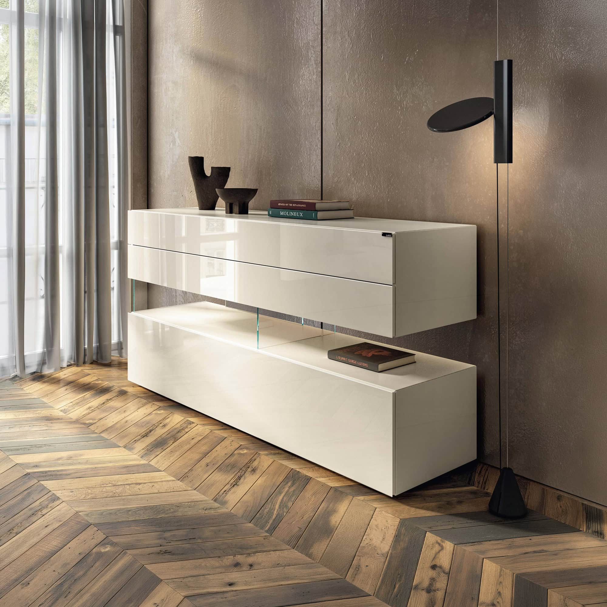 Floating modular dresser for modern bedroom storage solutions.