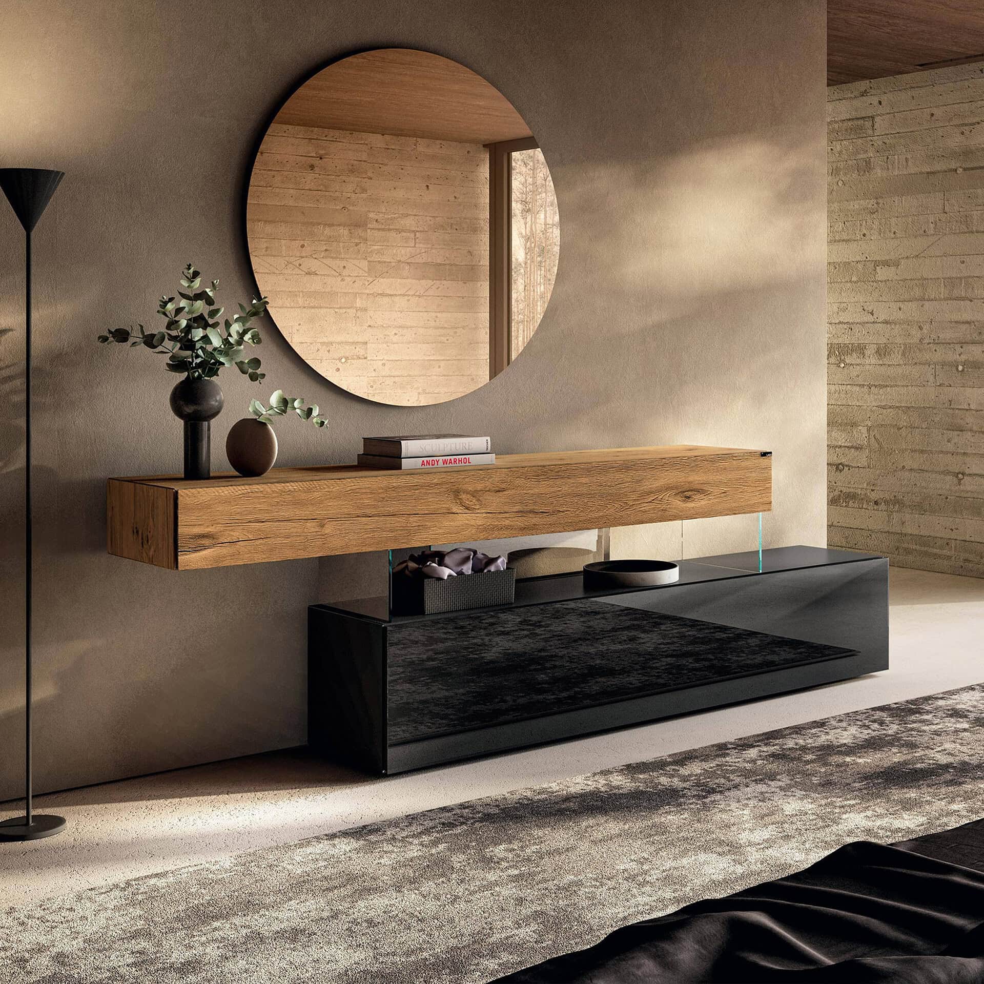 Modern floating dresser with wood and black finish in contemporary bedroom.