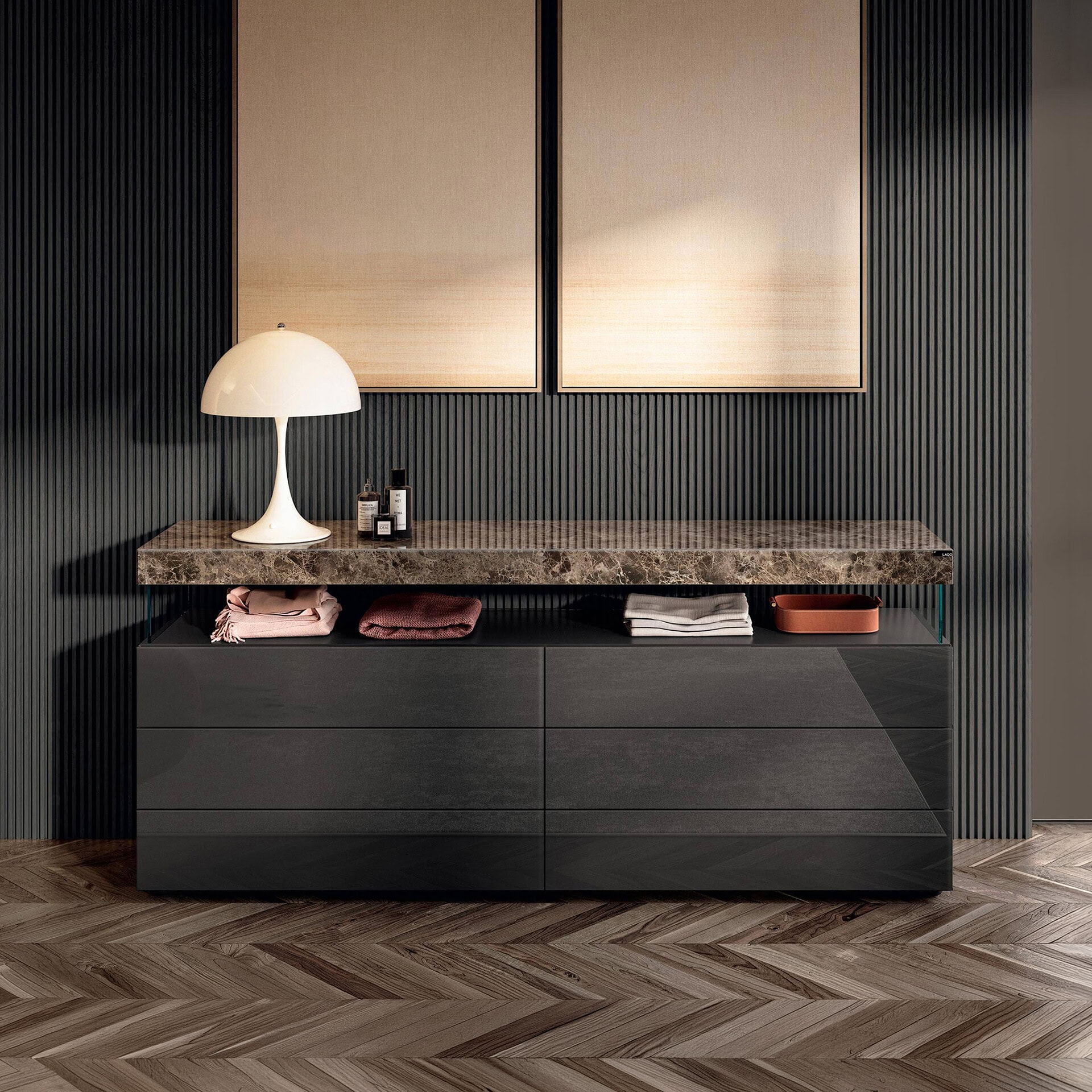 Modern floating dresser with marble top and sleek black finish in contemporary bedroom.