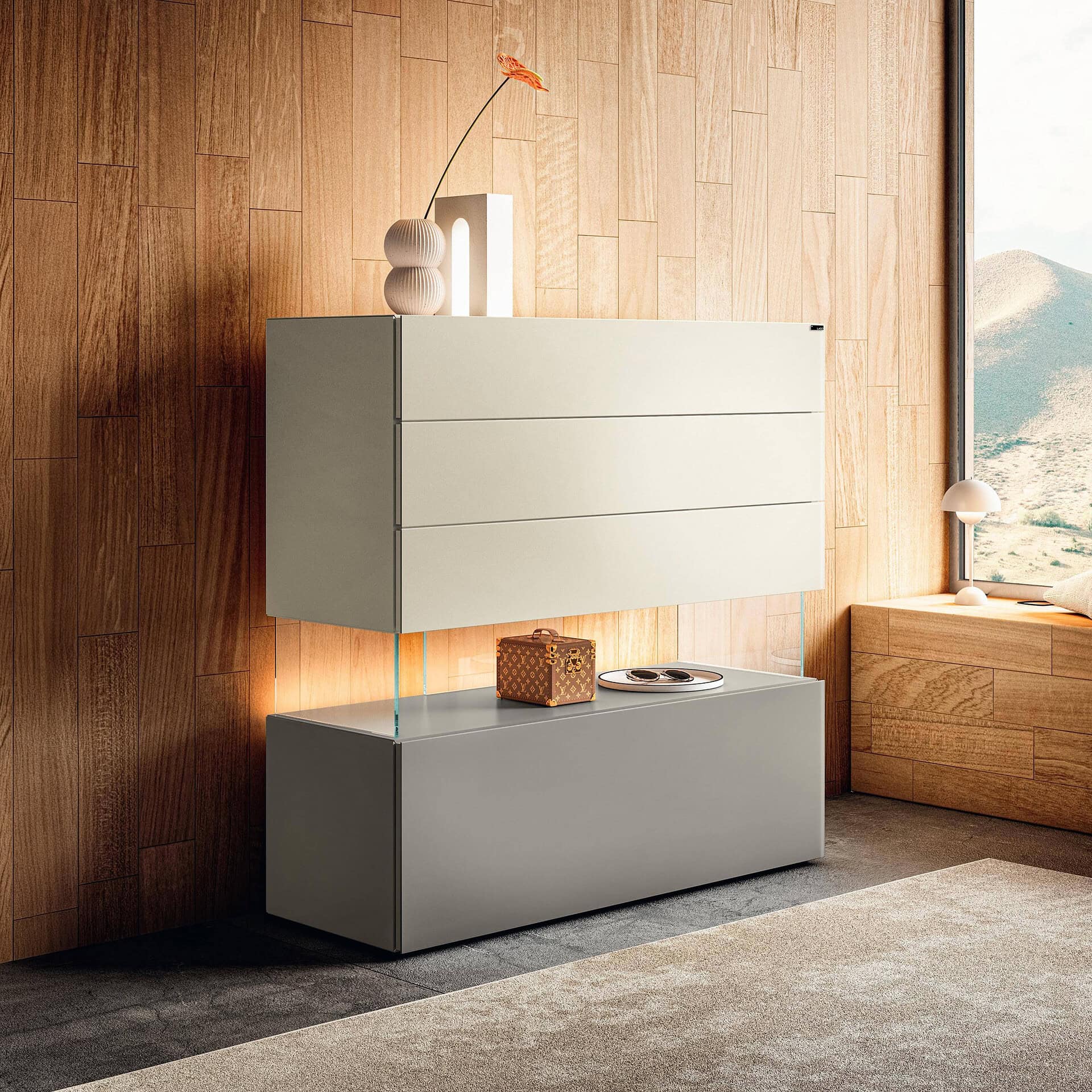 Modern floating dresser with sleek design in a contemporary bedroom setting.