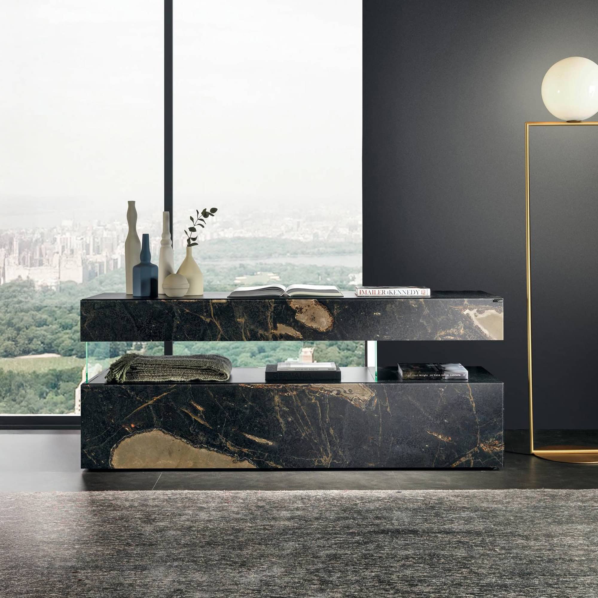 Air Dresser 0677 in polished XGlass finish with smoked glass legs, displayed in a modern interior.