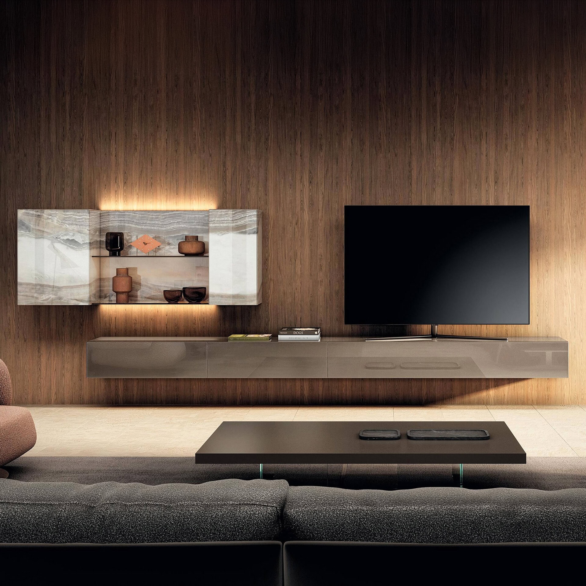 Modern Materia modular wall unit with sleek design and warm wood finish.