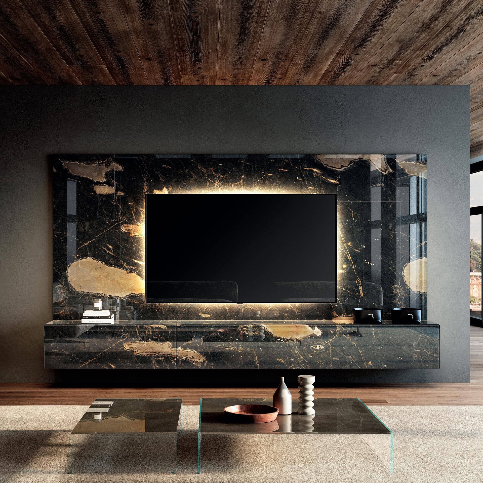 Elegant Materia modular wall unit with black marble finish, perfect for contemporary living room dec.