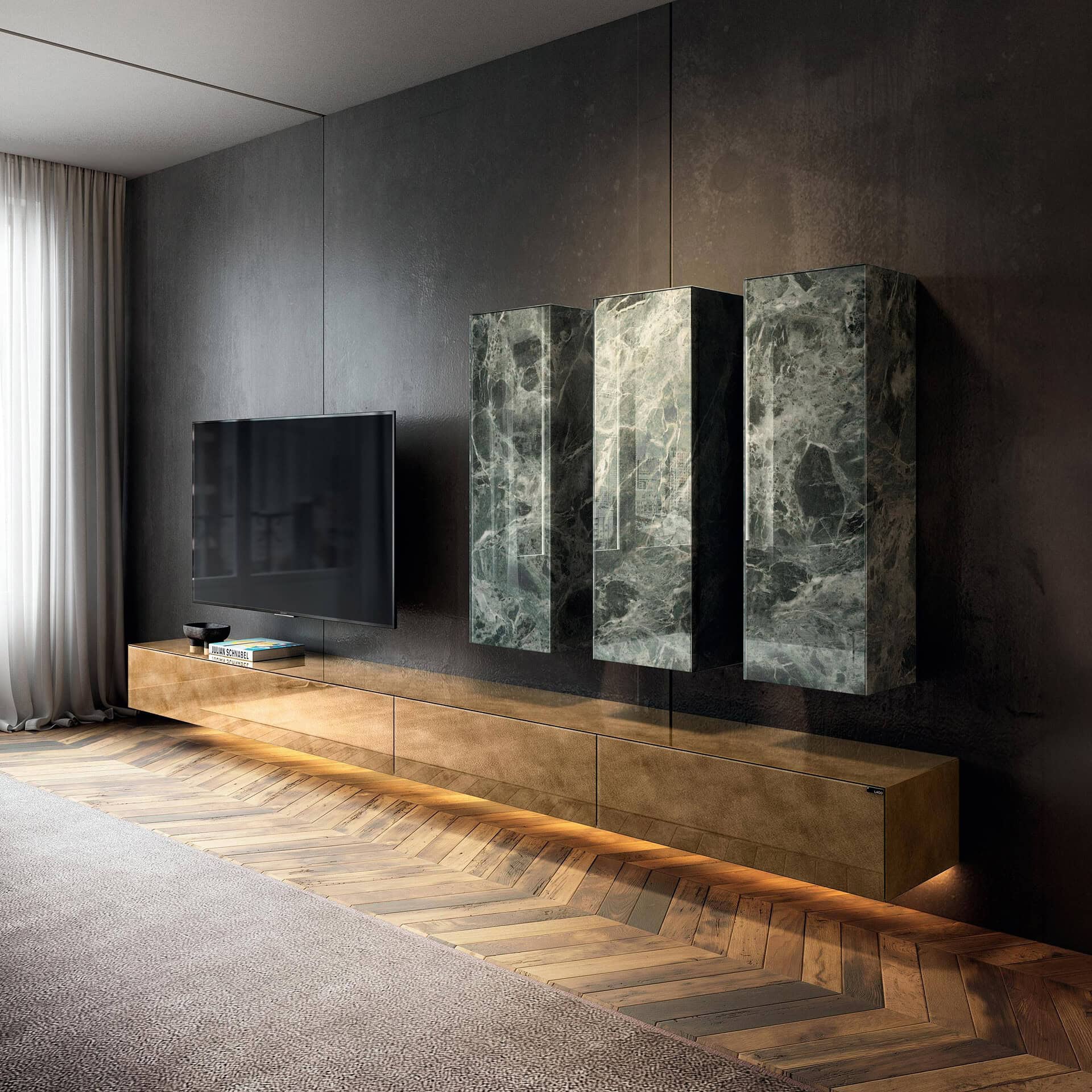 Modern Materia modular wall unit with marble finish and sleek design.