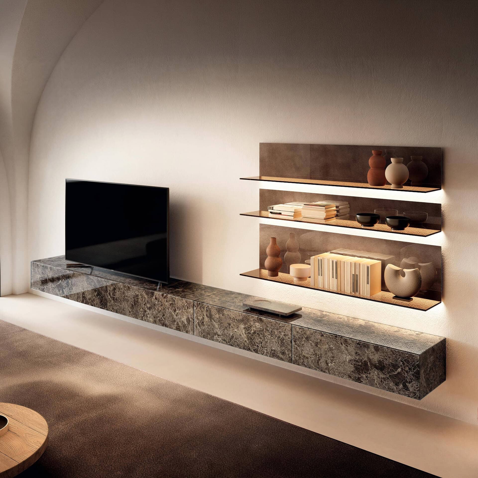 Modern Materia modular wall unit with floating shelves and marble base.