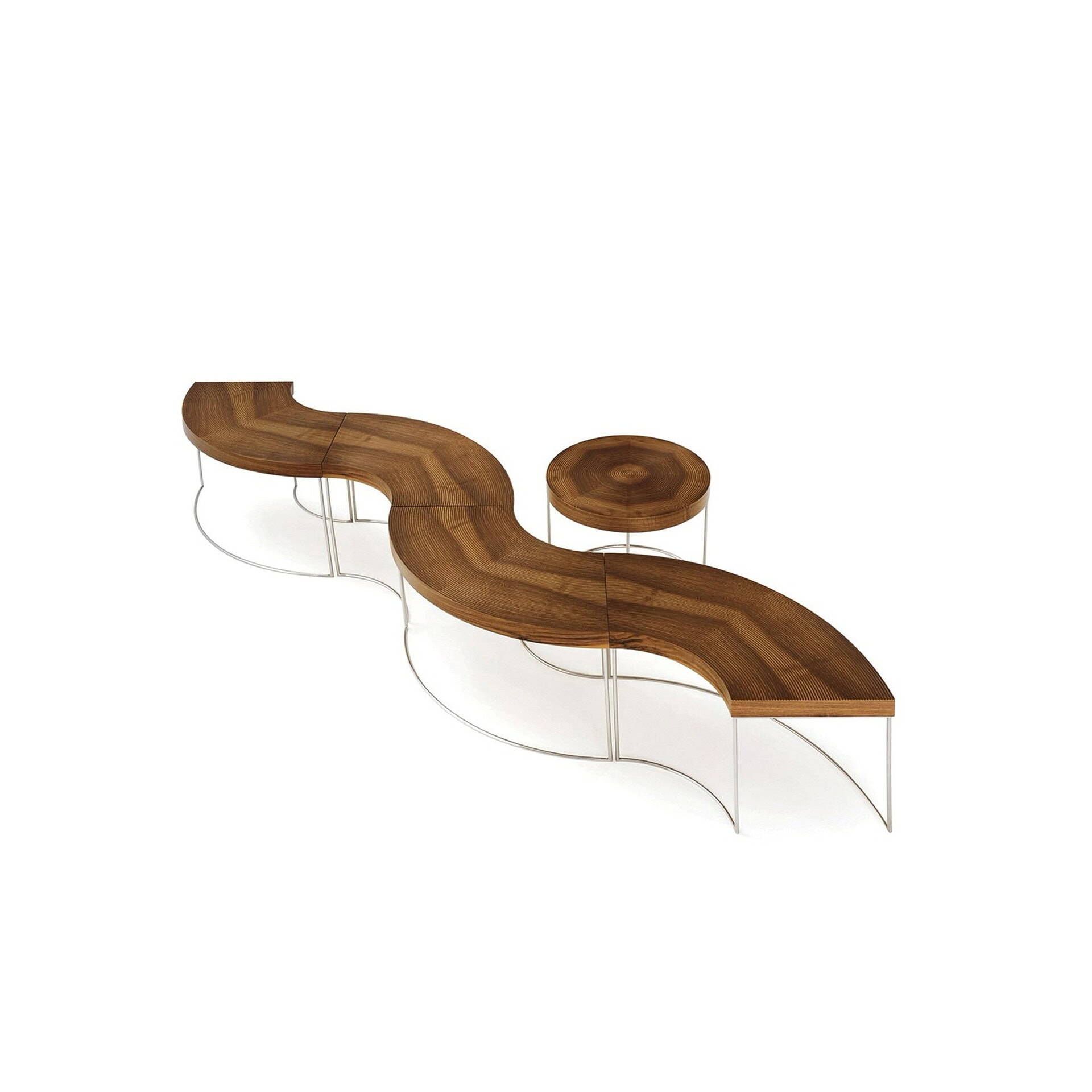 Sini Modular Coffee Table in walnut finish with modular curved form and textured round centerpiece, shown on white background.