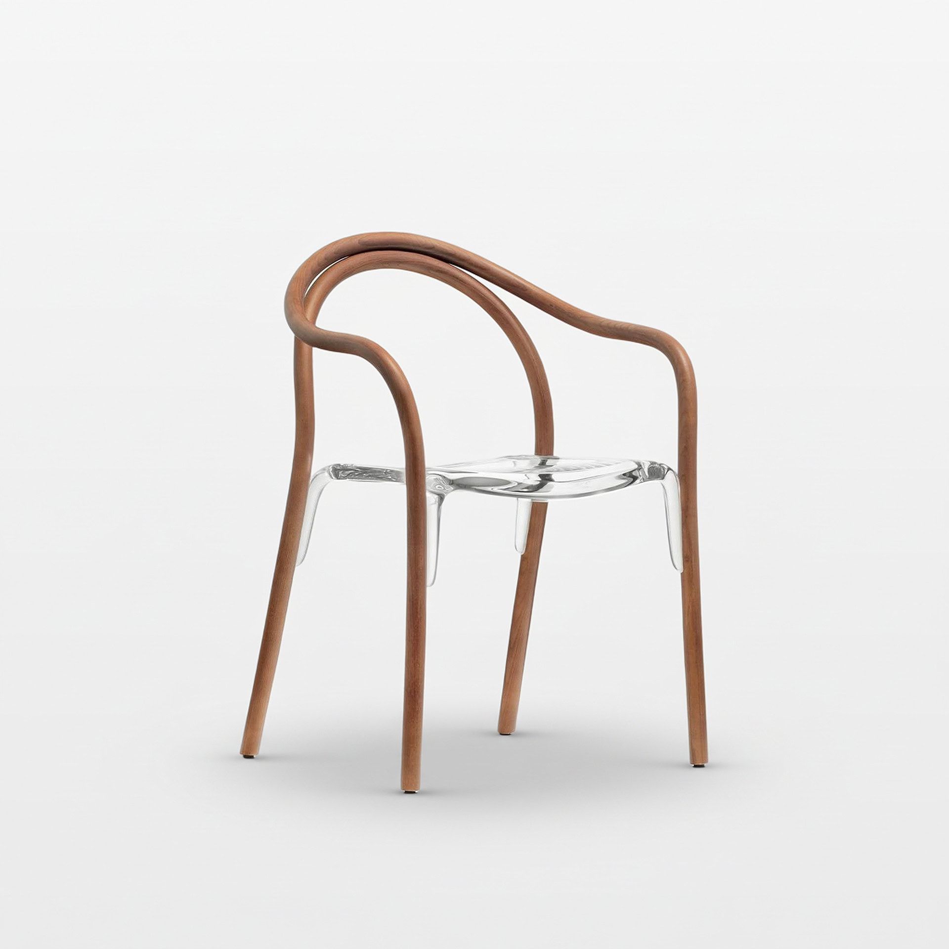 Contemporary acrylic and wood chair with curved armrests and minimalist design.