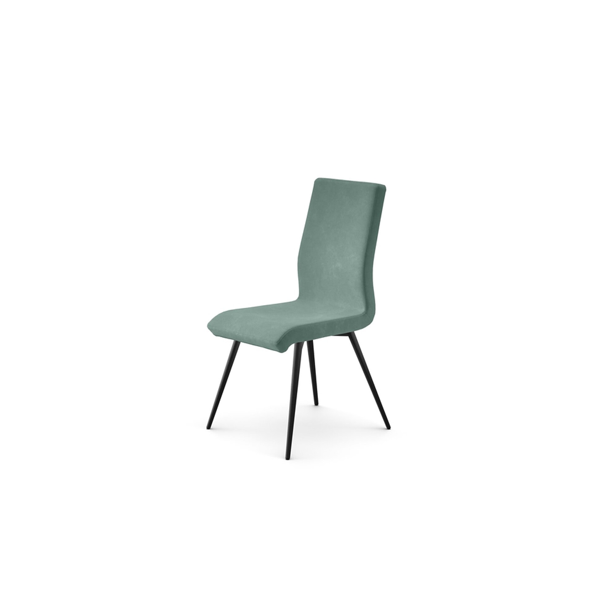 Elegant upholstered dining chair with black metal legs, modern design, perfect for contemporary kitchens.