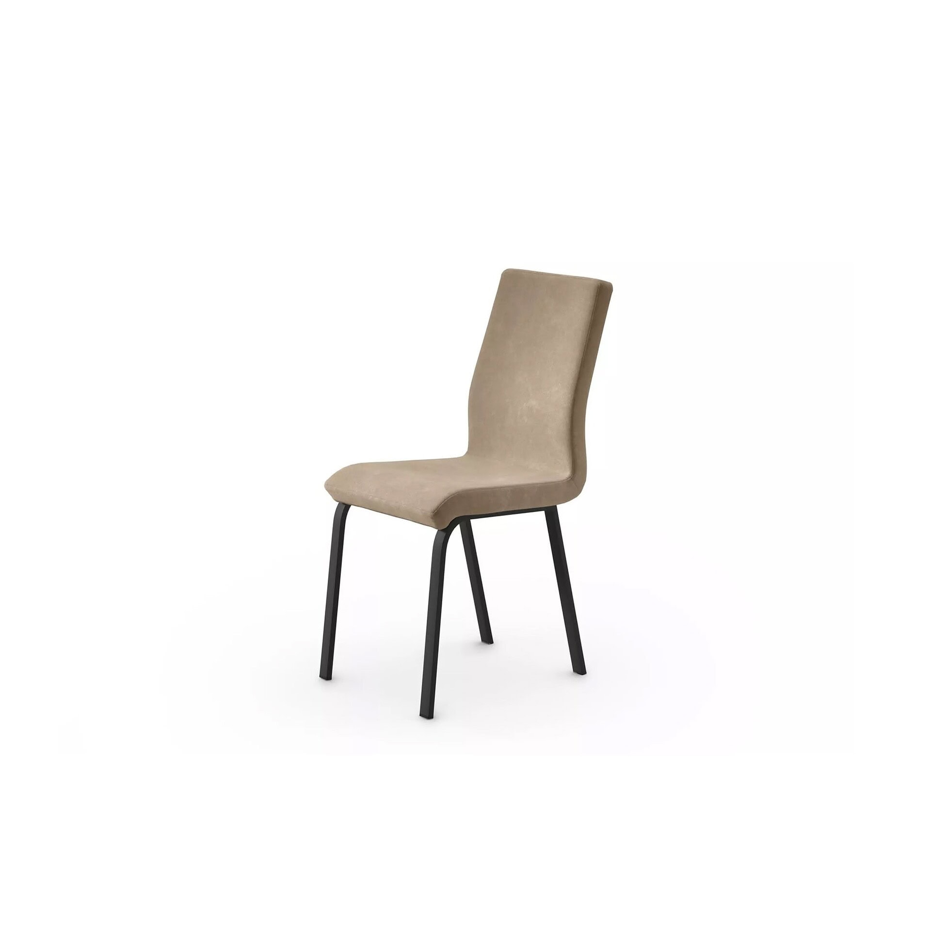 Luxurious beige upholstered dining chair with black metal legs, perfect for modern home dining; stylish and comfortable.
