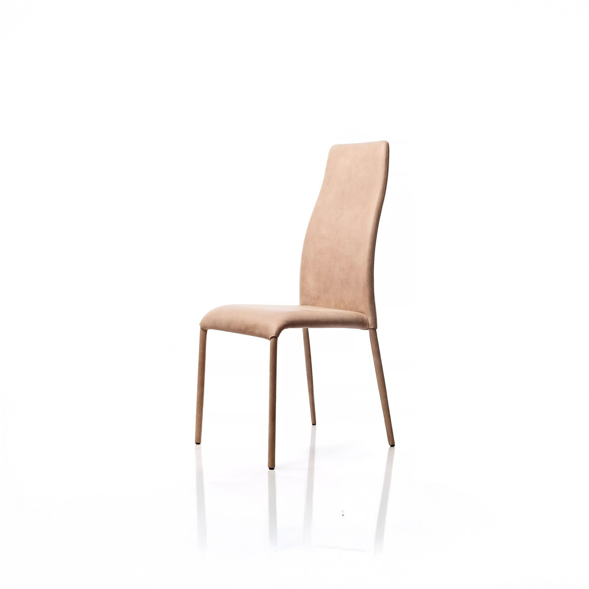 Swing High Back Dining Chair side view in tan leather upholstery with slim legs.