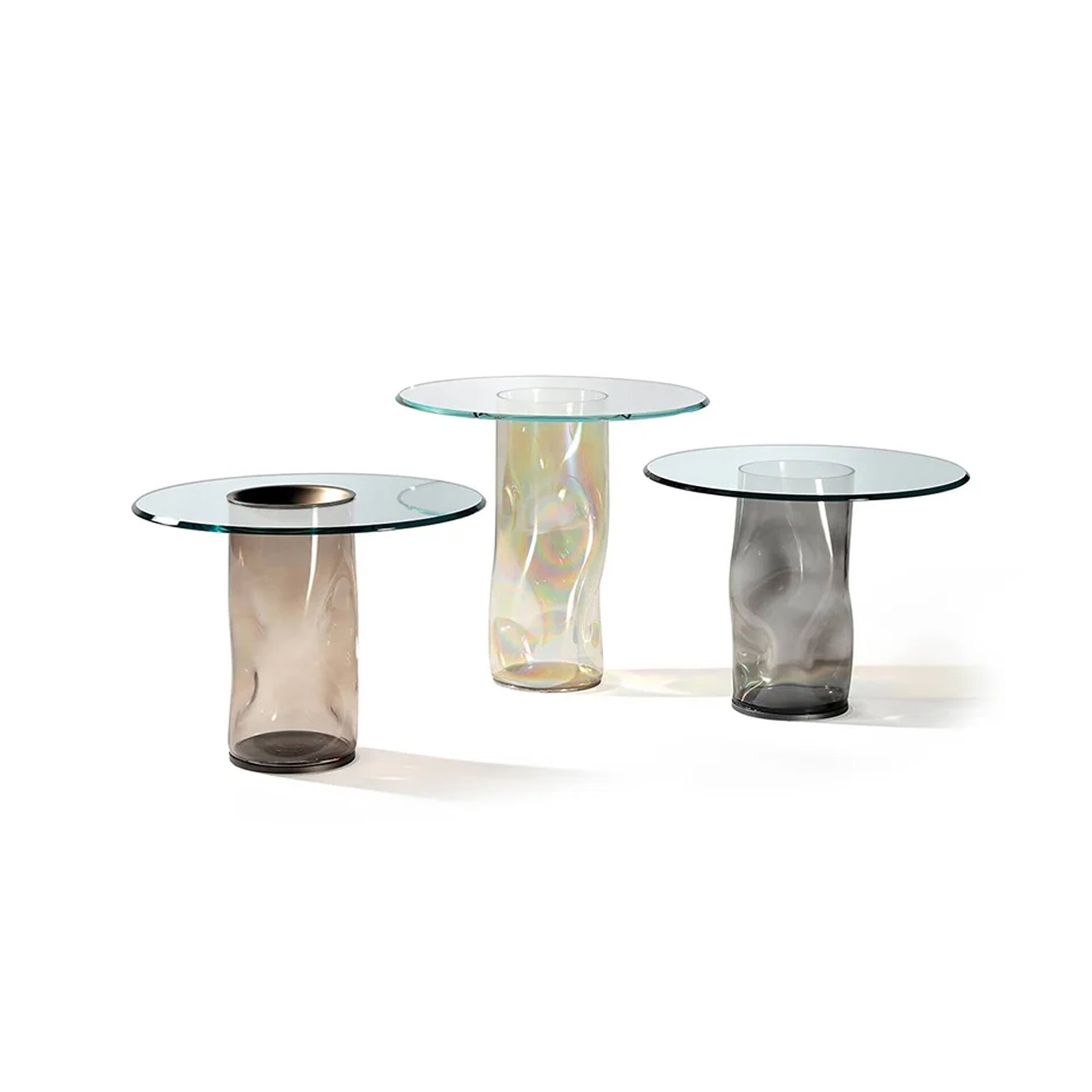 Grouping of three Dandolo 40 Side Tables in Transparent, Grey, and Iridium Amber Murano glass bases with glass tops.