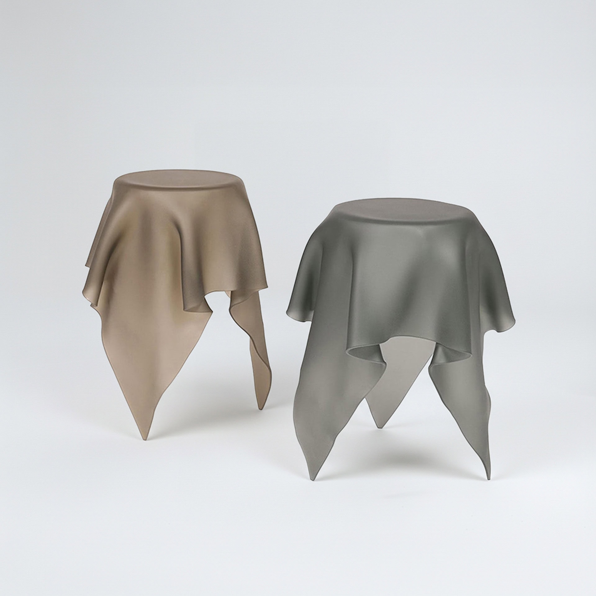 Modern Foulard 60 End Tables with draped fabric design in neutral tones.