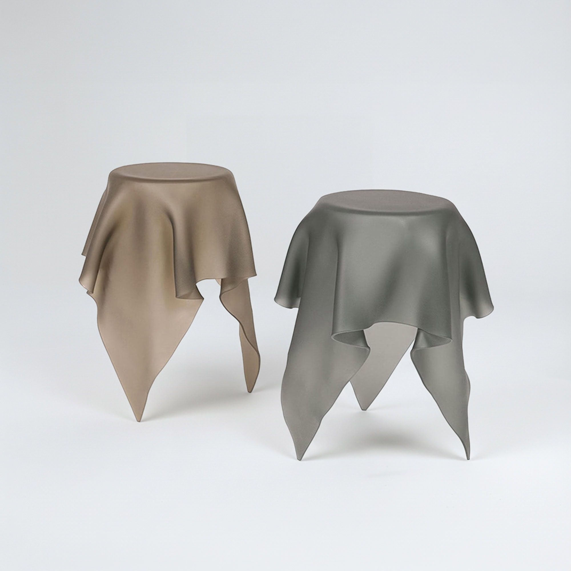 Modern Foulard 60 End Tables with draped fabric design in neutral tones.