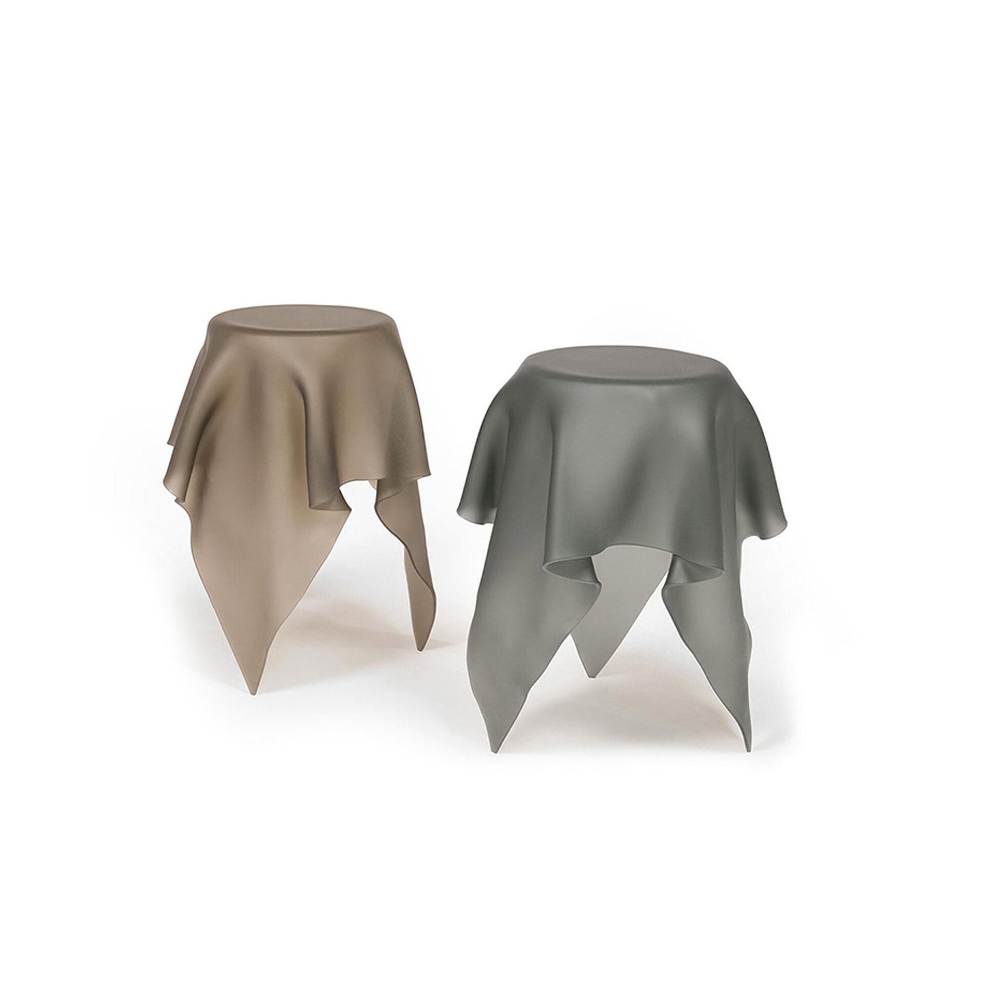 Foulard 60 End Tables in etched glass finishes, displayed in bronze and smoked options.