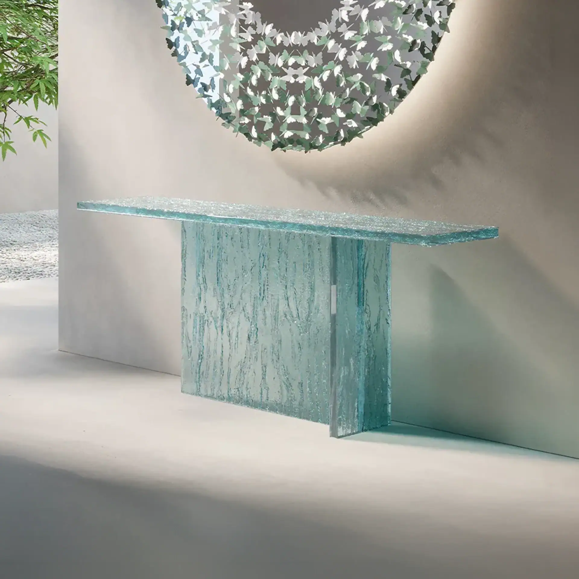 Elegant Laguna Console Table with a sleek marble finish, perfect for modern entryways and living spa.