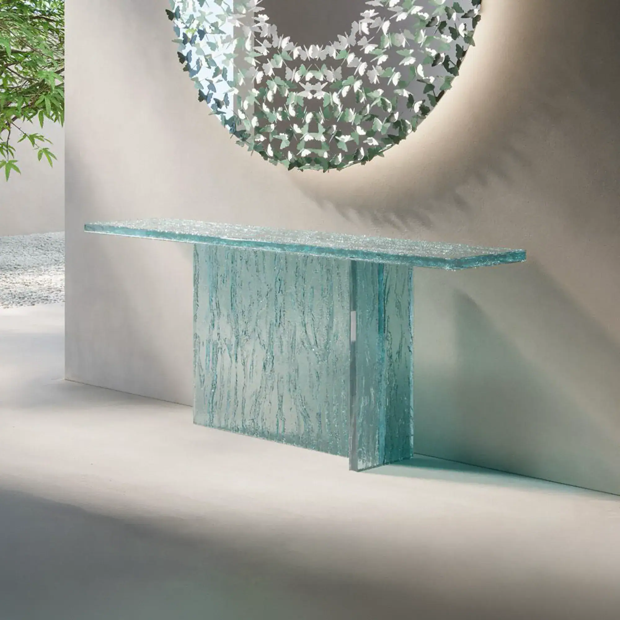 Elegant Laguna Console Table with a sleek marble finish, perfect for modern entryways and living spa.