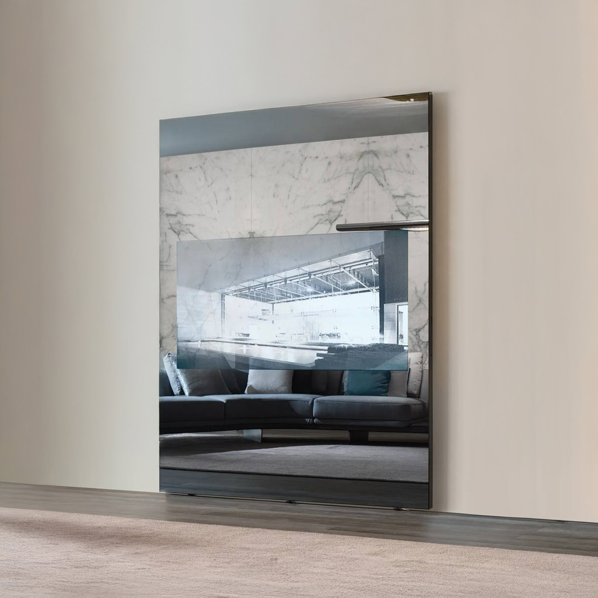 Movie Mirror TV Frame in vertical orientation, reflecting a modern living room setting.