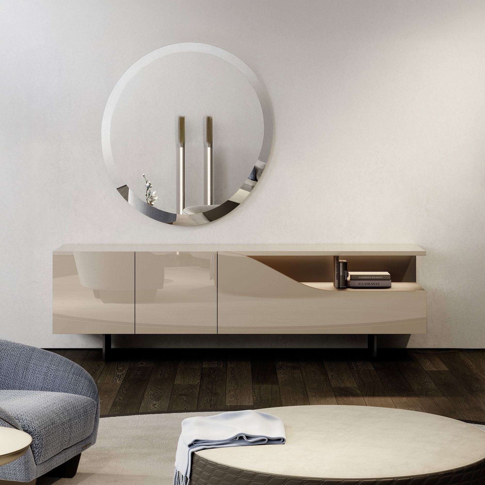 Segno Buffet wall-mounted in a living space, styled with decor accessories.