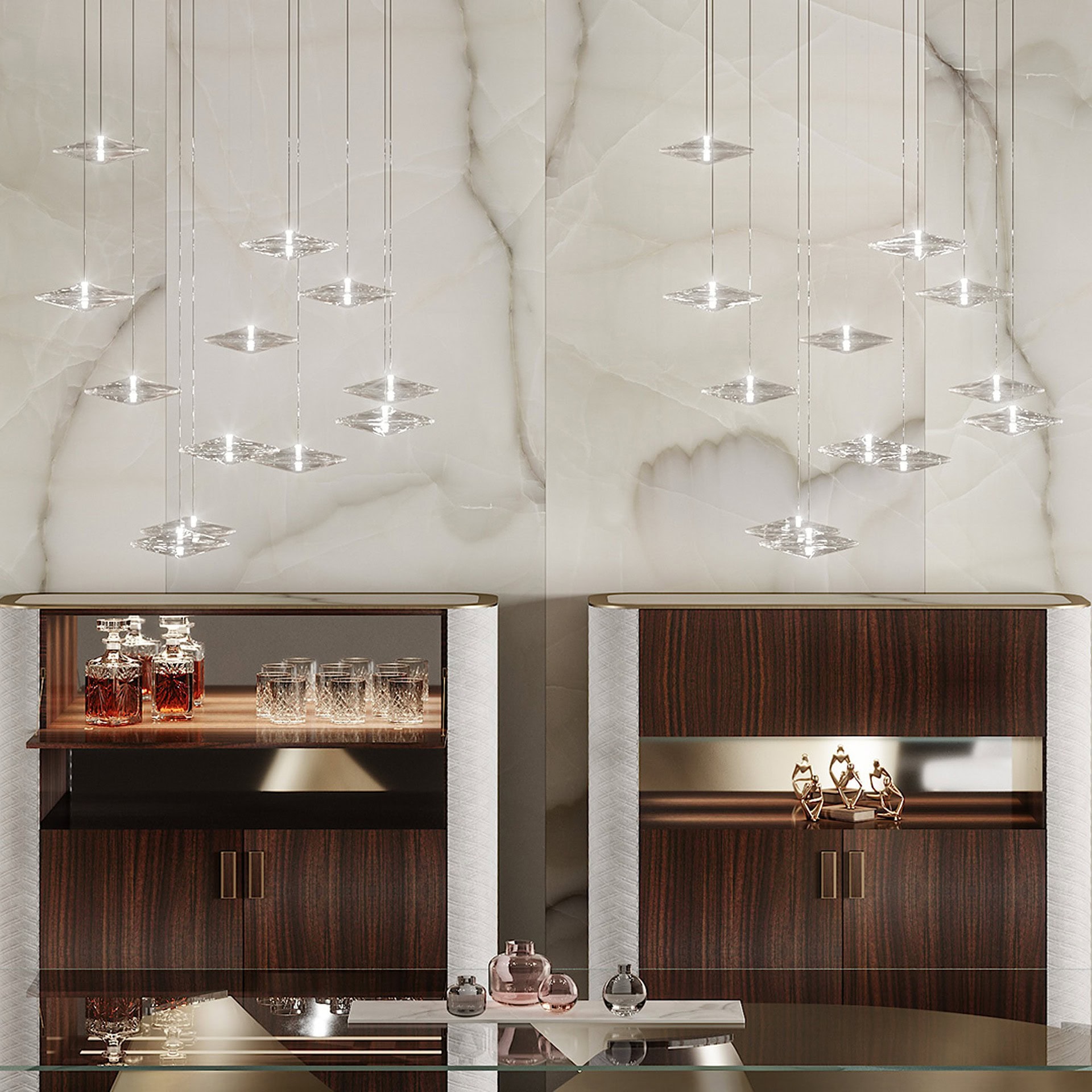 Sirius Modern Glass Chandelier with glass disks displayed in a modern marble-clad living space.