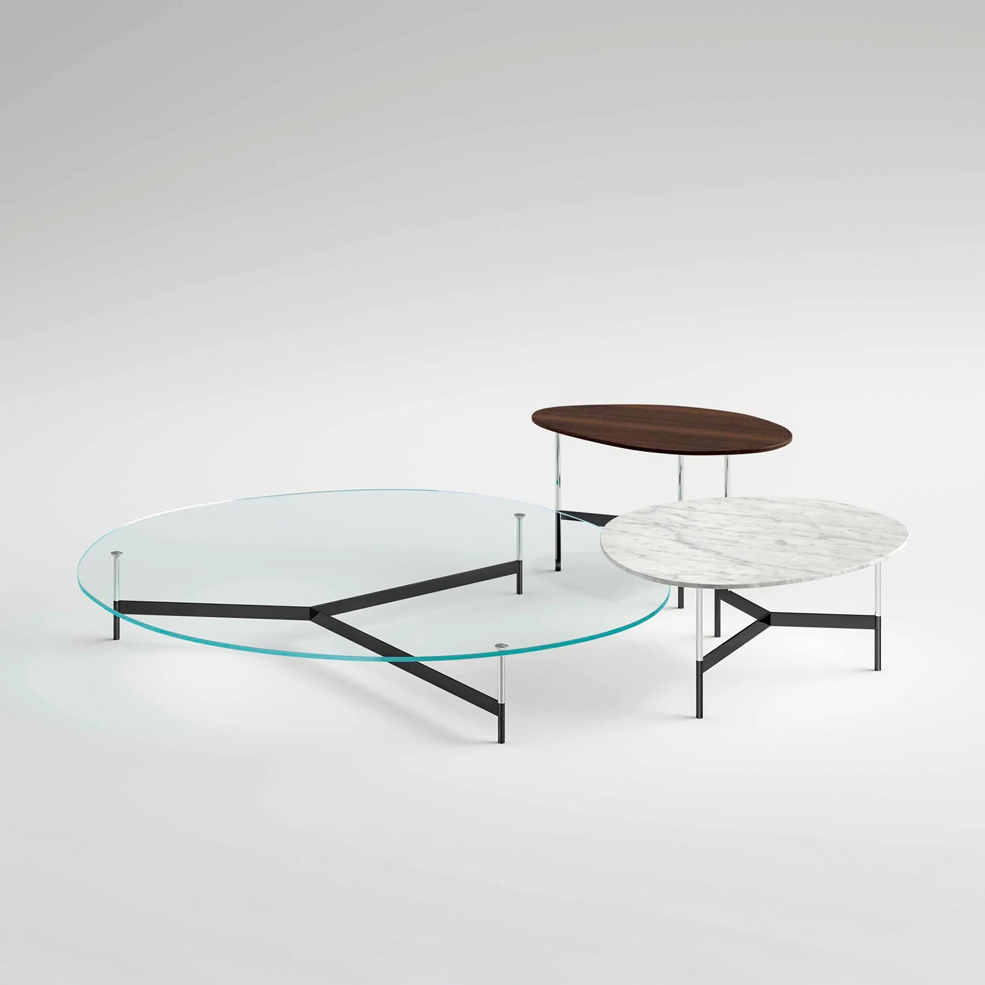 After9 Low Table in clear glass and gold base with layered round surfaces