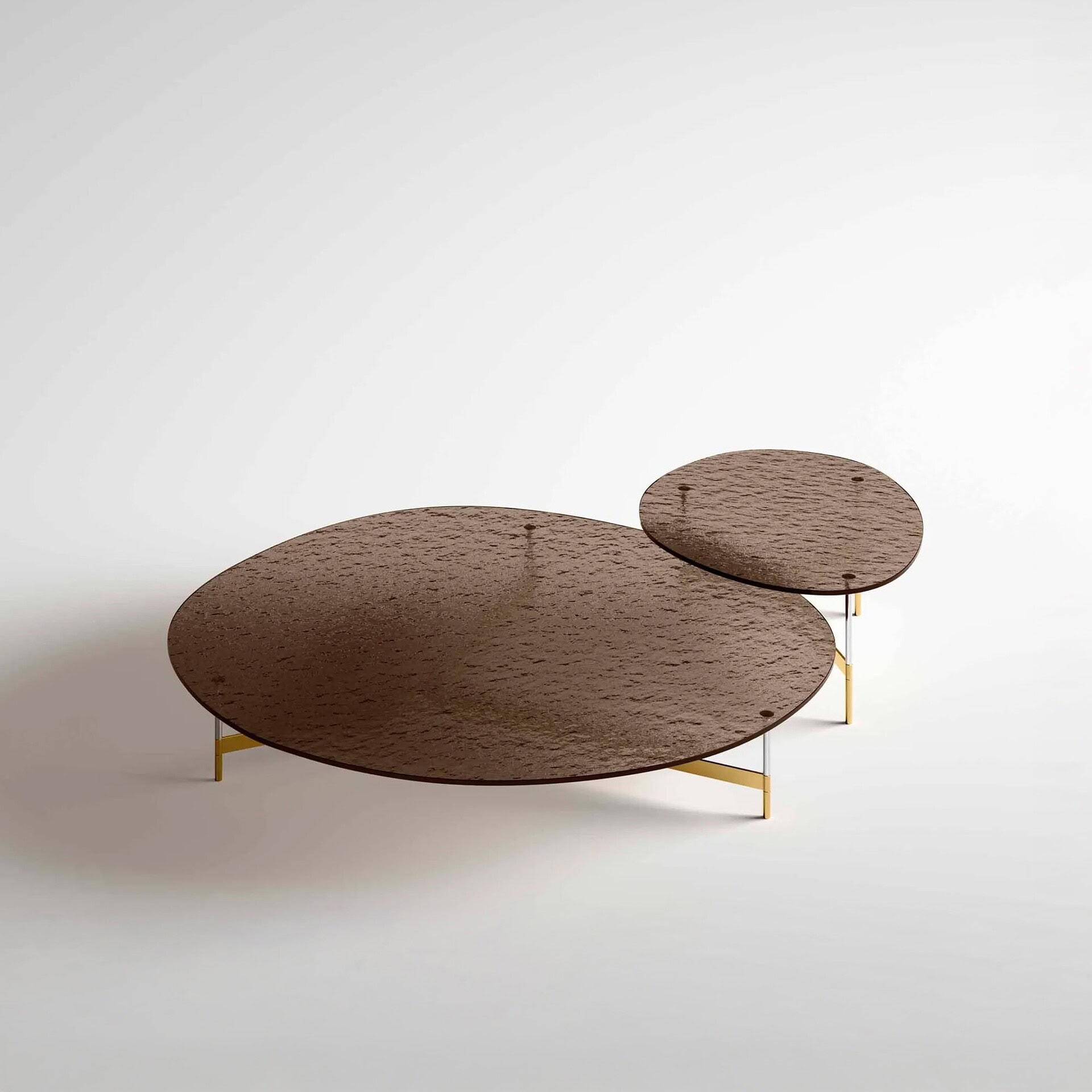 Wooden nesting coffee tables with gold metal legs, modern furniture design, Sklar Furnishings.
