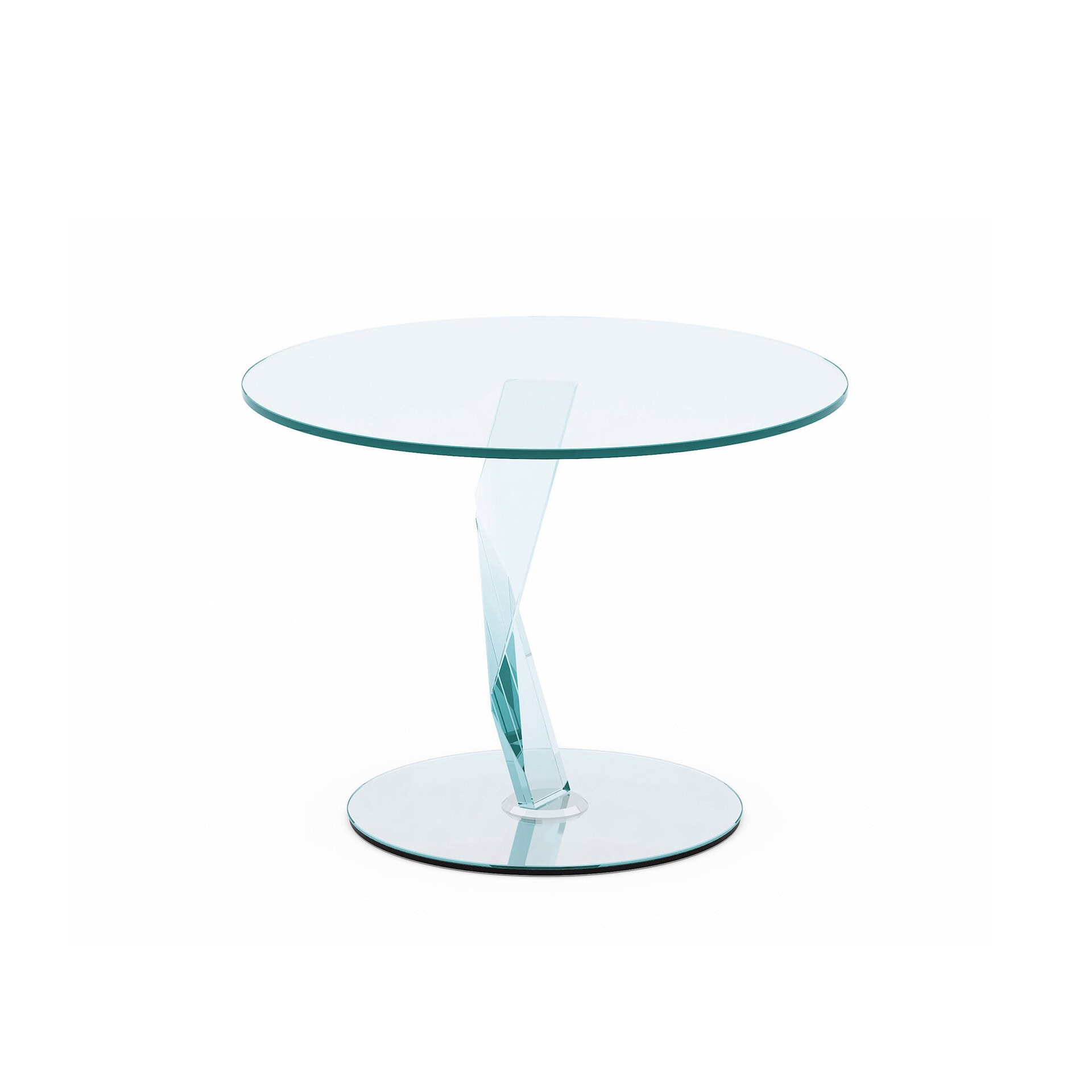 A modern round glass side table with a clear circular top, a unique twisted glass pedestal, and a clear circular base, set against a white background.