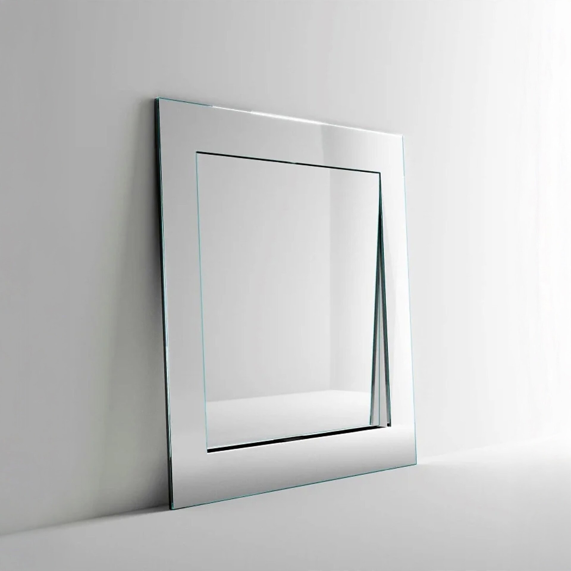 Tonelli Design Gerundio rectangular wall mirror with inclined edges against a white wall.