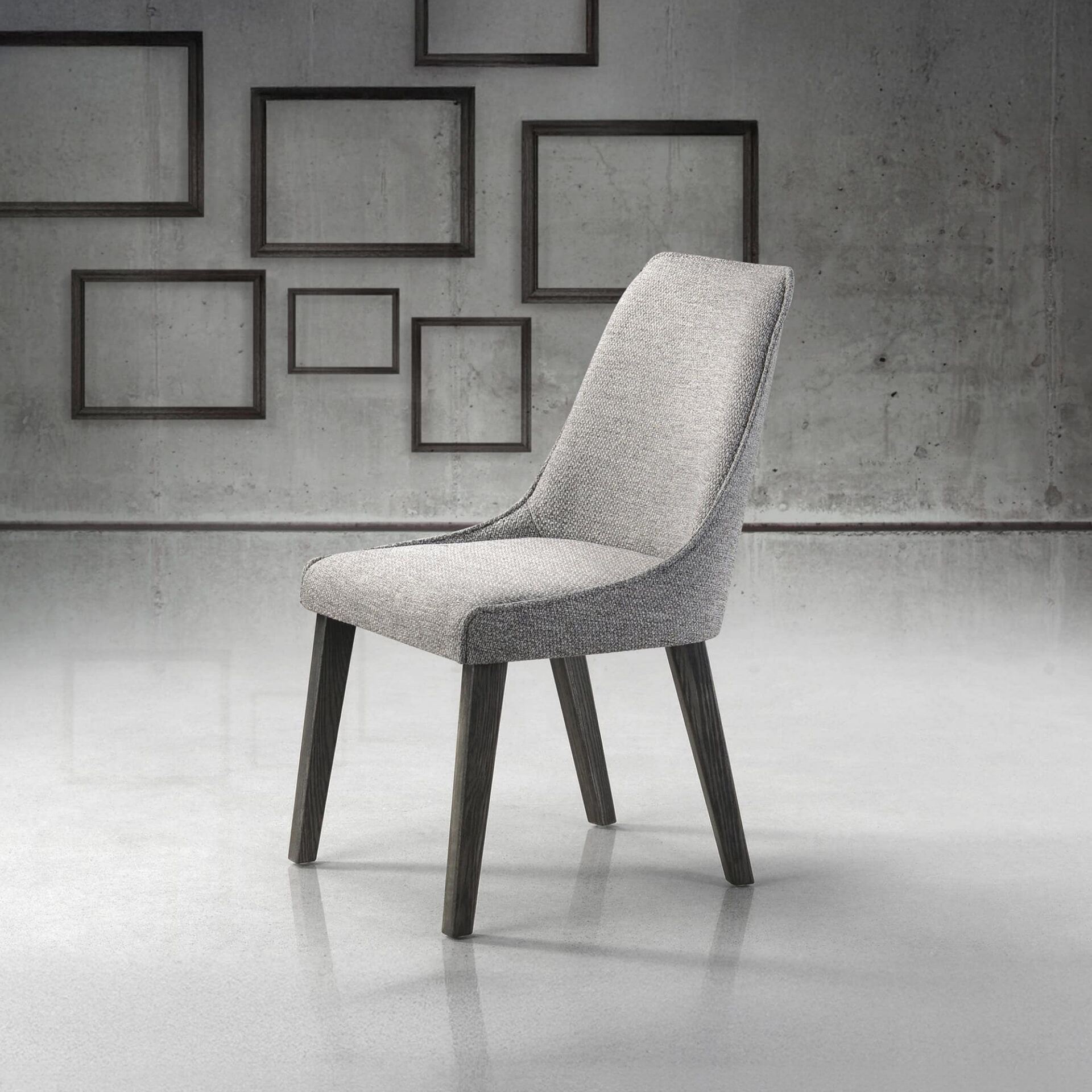 Front angled view of the Trica Olivia Chair in a light upholstered fabric with wooden legs, styled against a decorative wall backdrop.