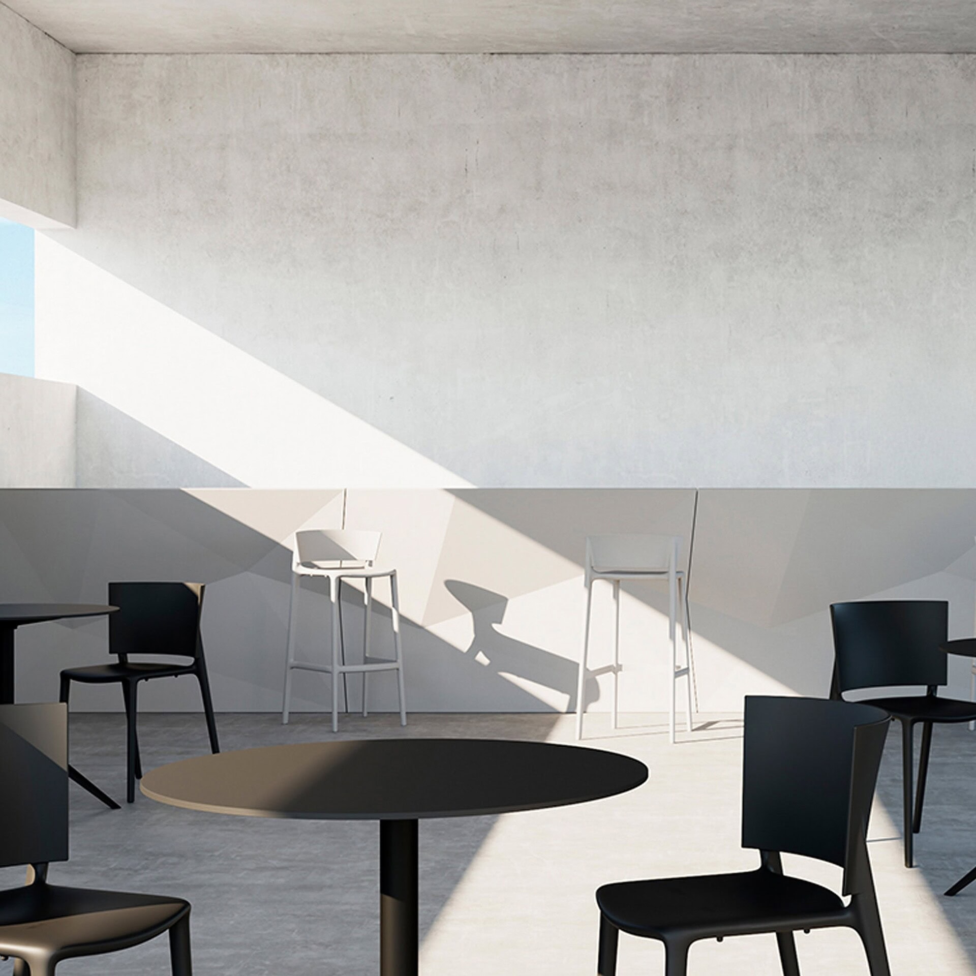 Africa Bar Stools in white paired with tables in a sleek, modern indoor café space.