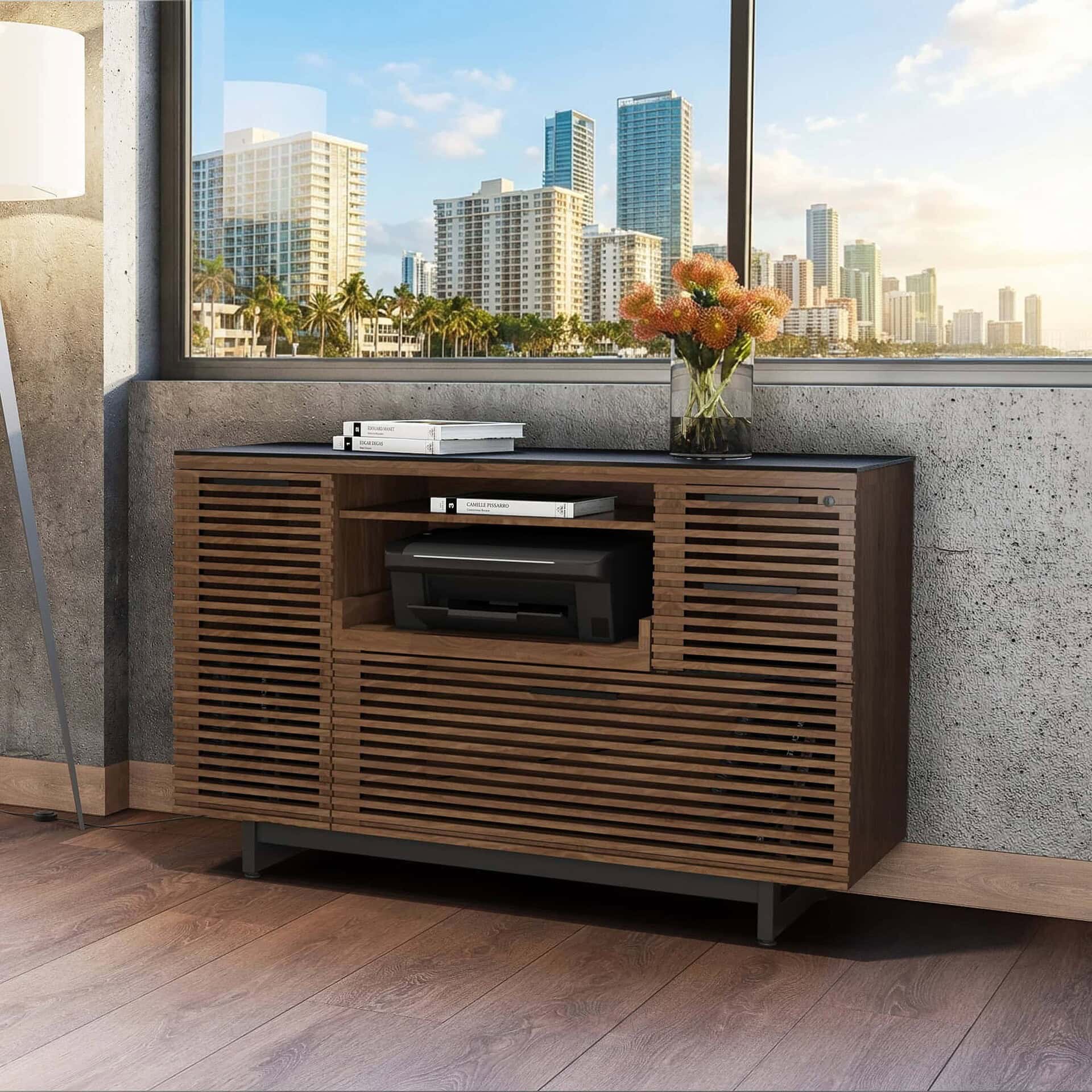 Contemporary wooden media console with slatted design, perfect for modern living rooms.