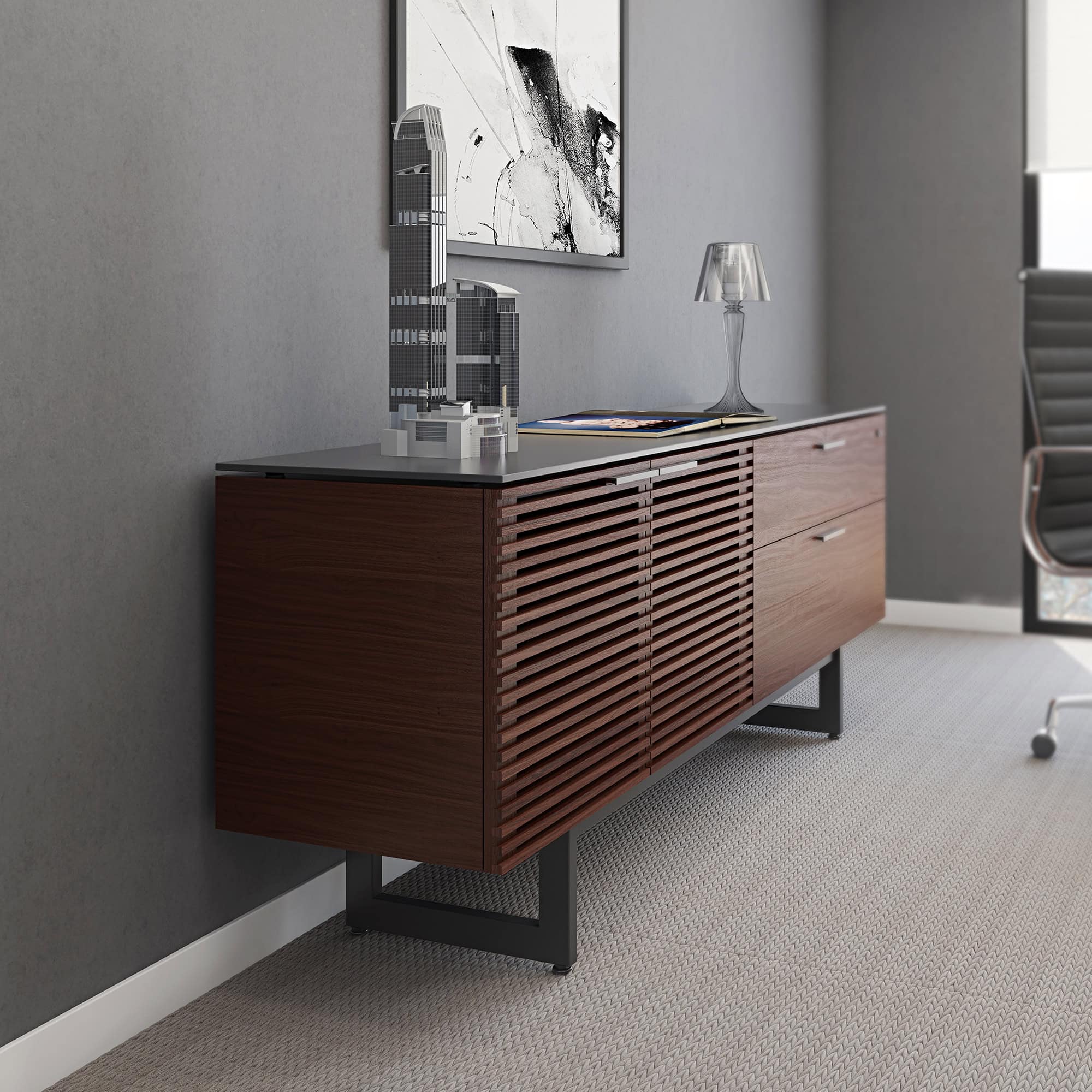 Sleek modern wooden credenza with slatted design, ideal for stylish office or living spaces.