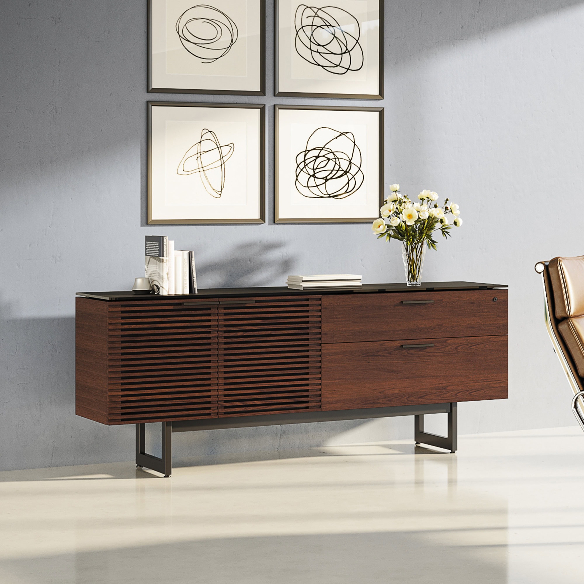 Modern wooden sideboard with slatted doors and sleek black handles for contemporary home decor.
