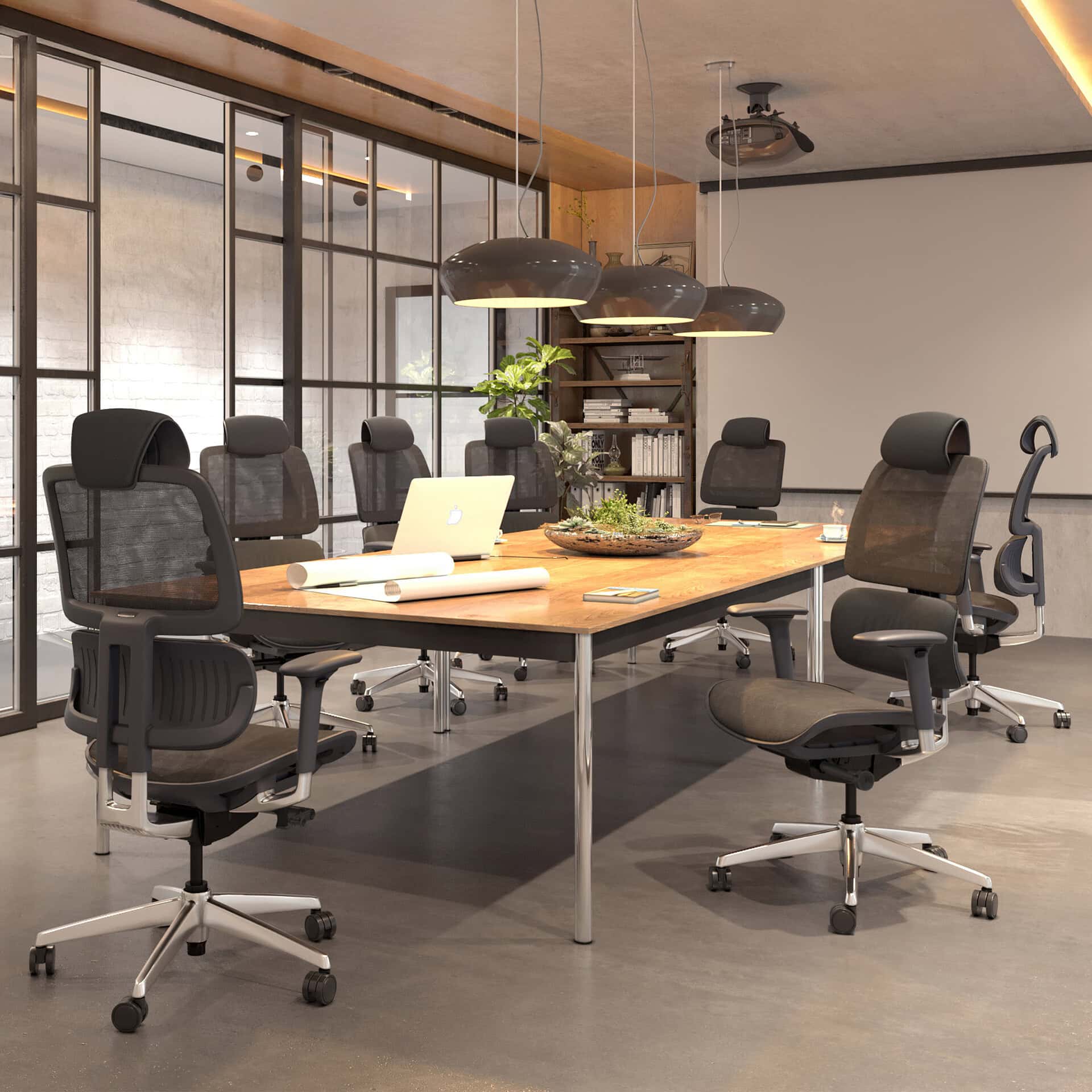 A modern conference room with a large wooden table, eight black ergonomic chairs, glass partition walls, and industrial-style pendant lighting. A laptop and documents are on the table.